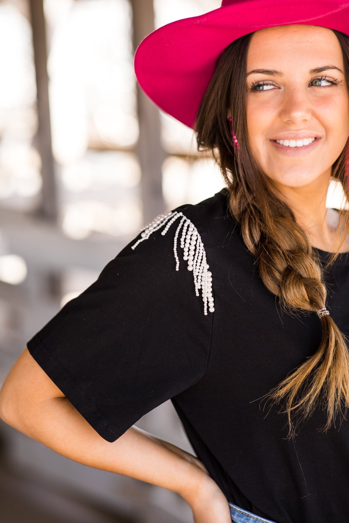 Black Short Sleeve Top With Beaded Fringe - Filly Flair