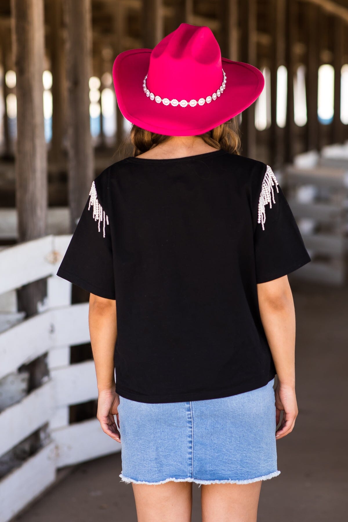 Black Short Sleeve Top With Beaded Fringe - Filly Flair