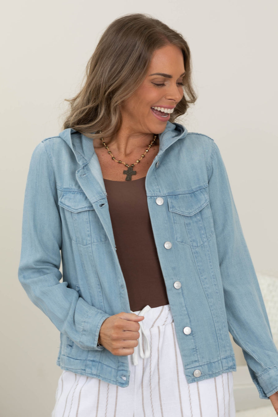Light Wash Denim Button Jacket With Hood