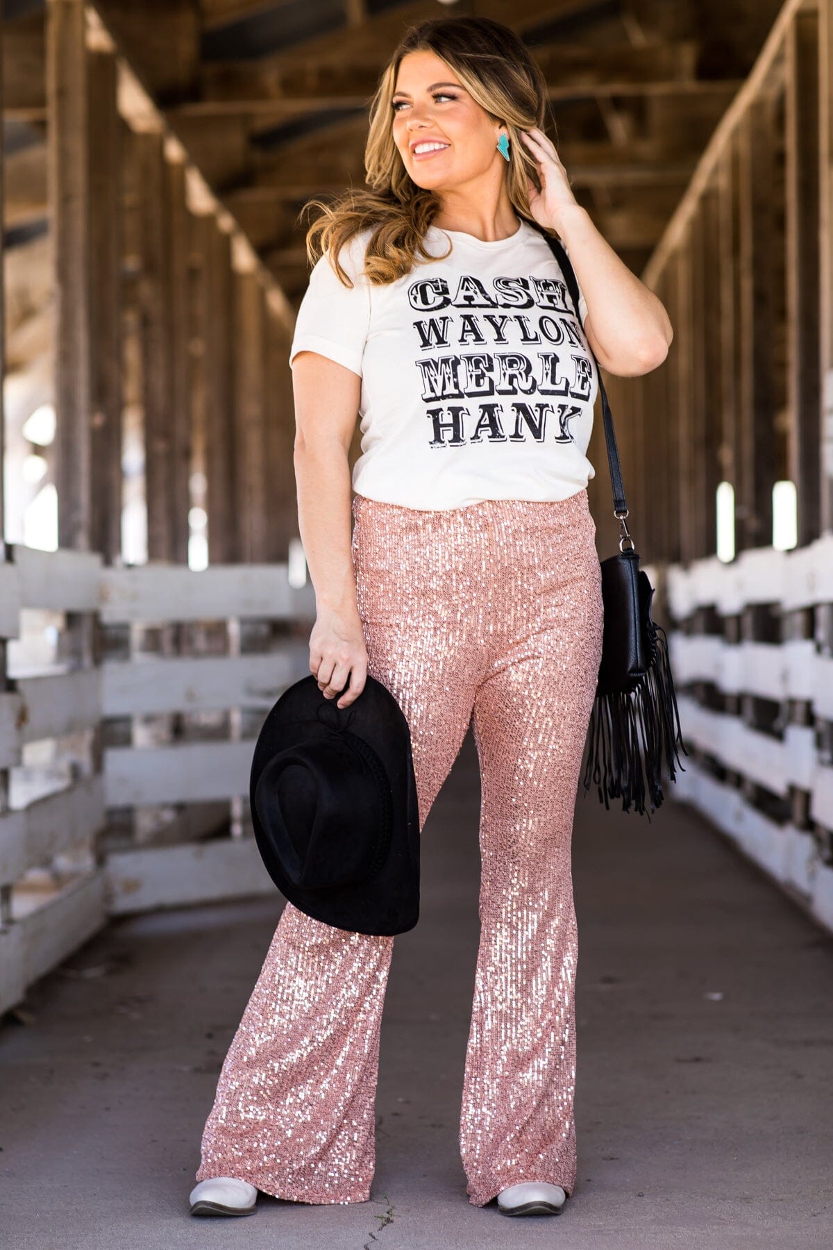 Looks Can Kill Charcoal Belted Sequin Flare Pants  Pink Lily