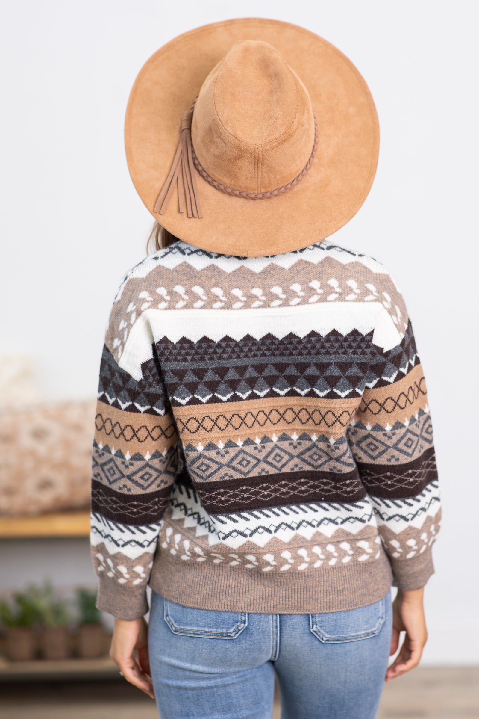 Brown and Taupe Aztec Print Sweater