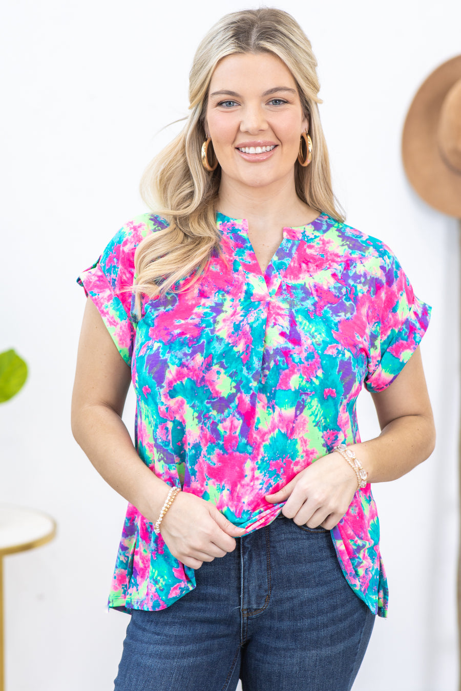 Multicolor Dye Print Wrinkle Free Lizzy Top