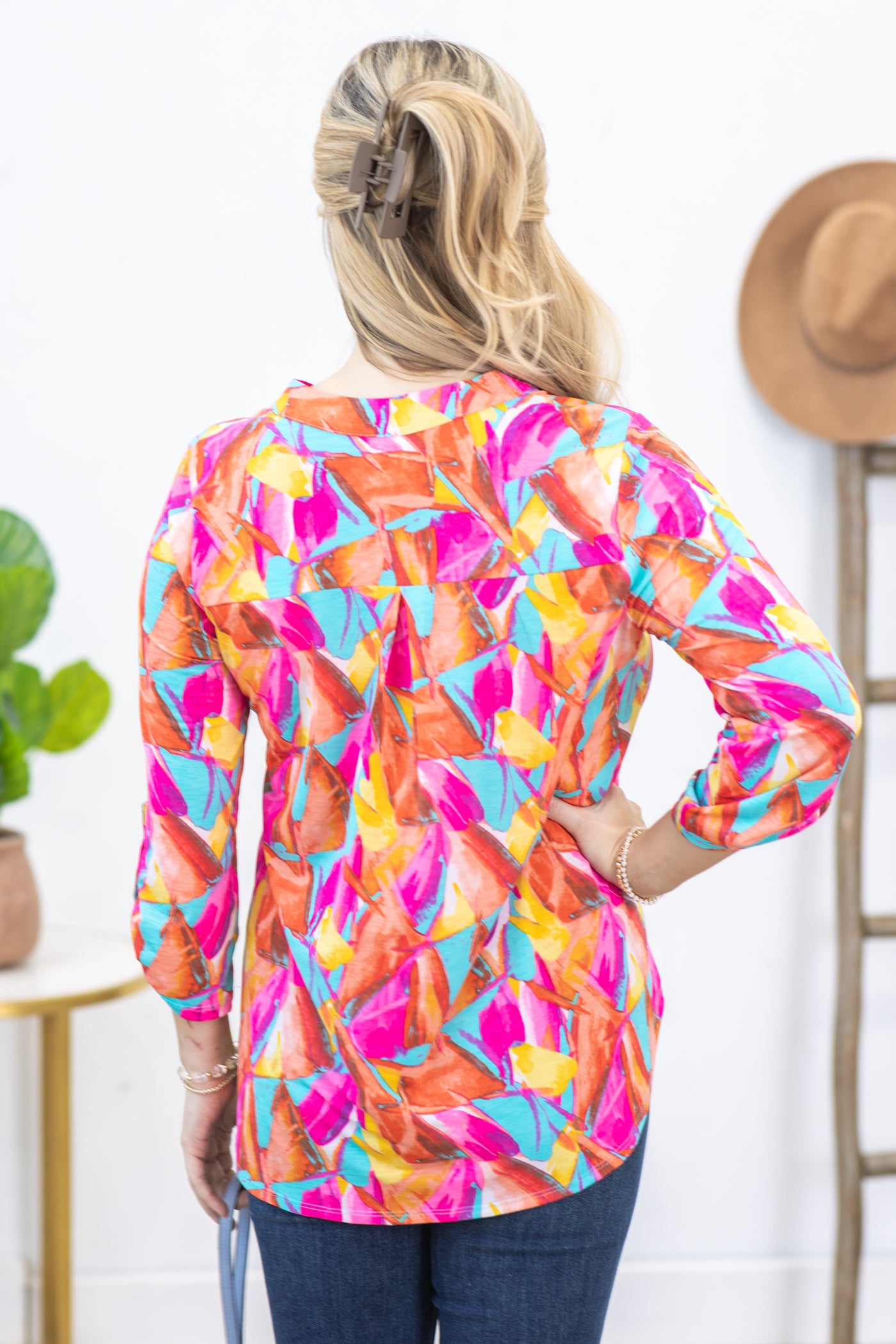 Pink and Teal V-Neck Wrinkle Free Lizzy Top · Filly Flair