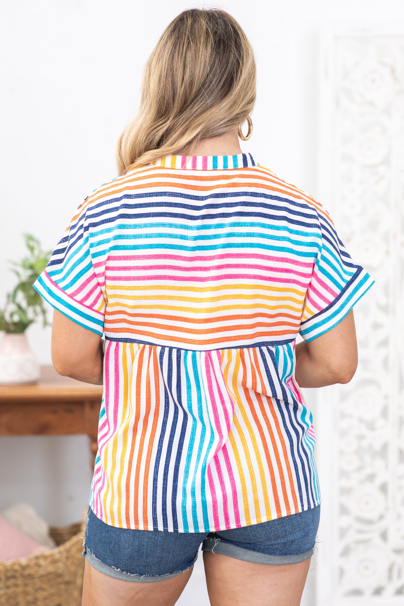 Multicolor Stripe V-Neck Woven Top