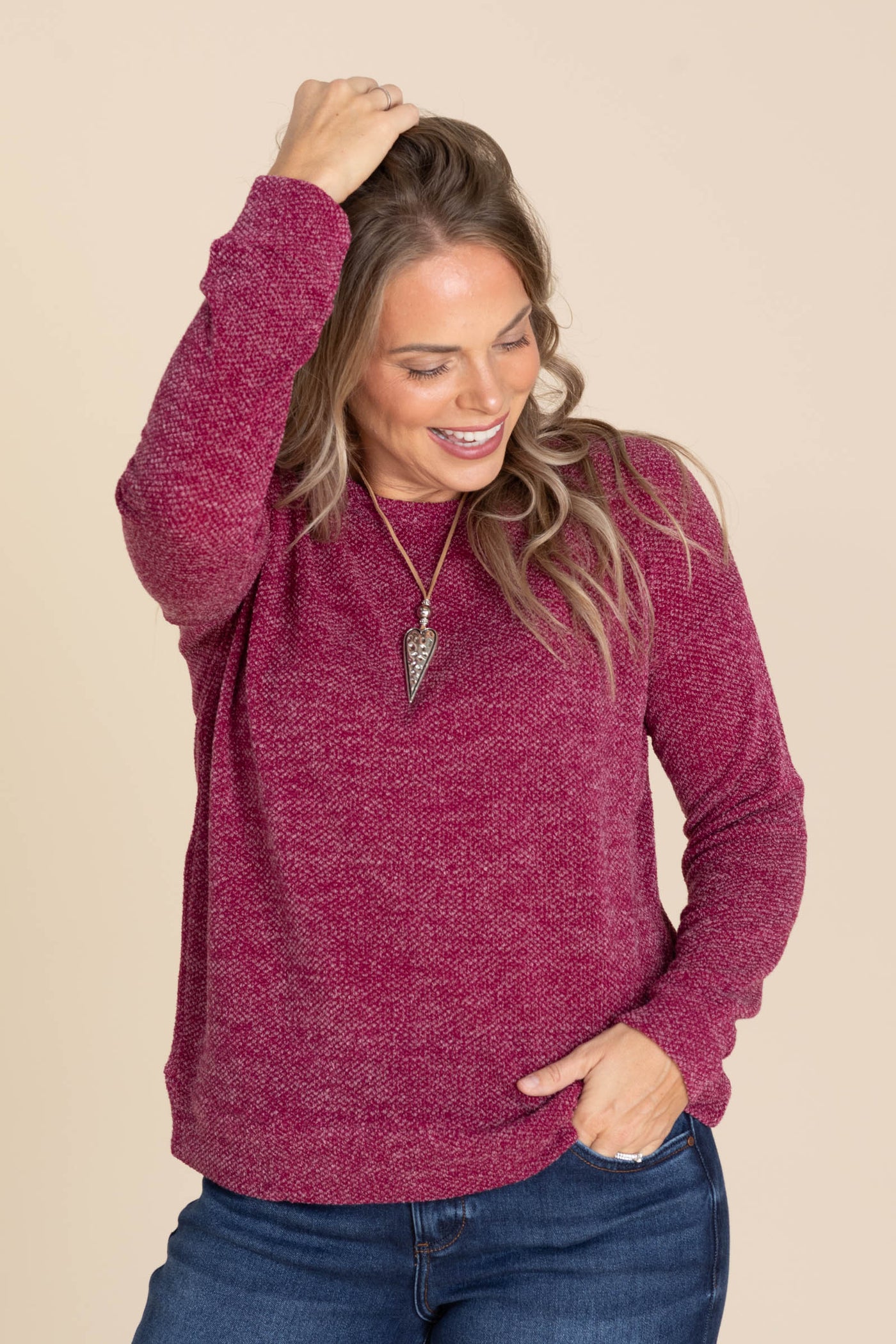 Raspberry Novelty Knit Pullover Top
