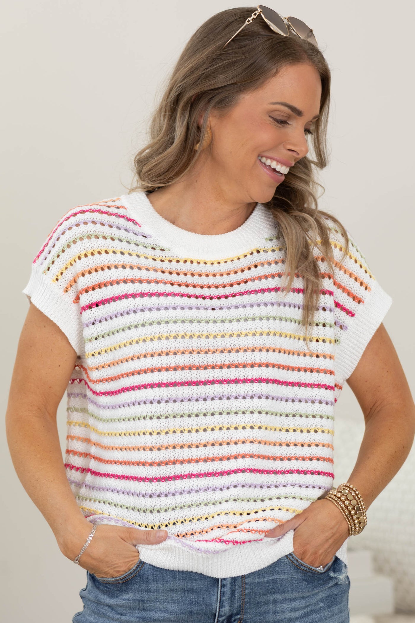 Multicolored Crochet Striped Short Sleeve Sweater