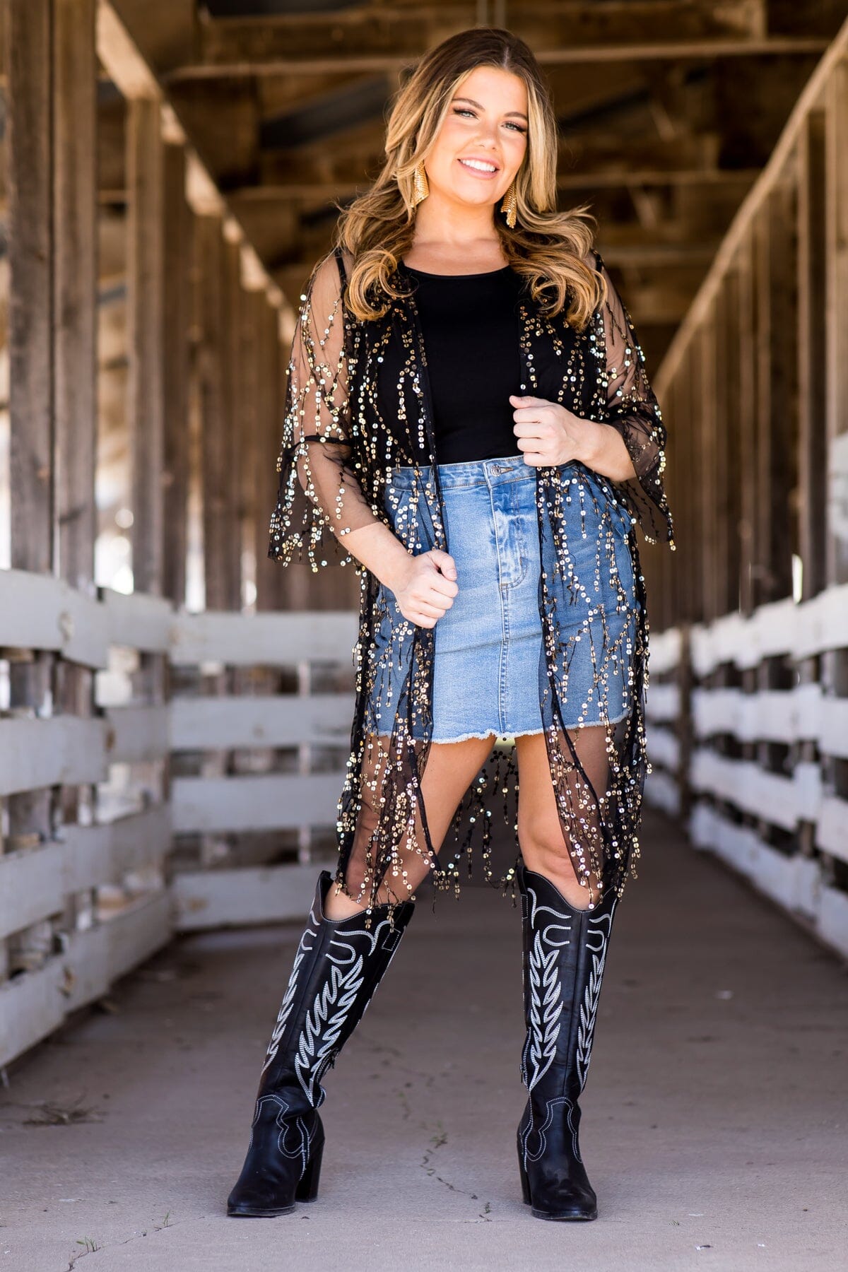 Black and Gold Sequin Detail Kimono - Filly Flair