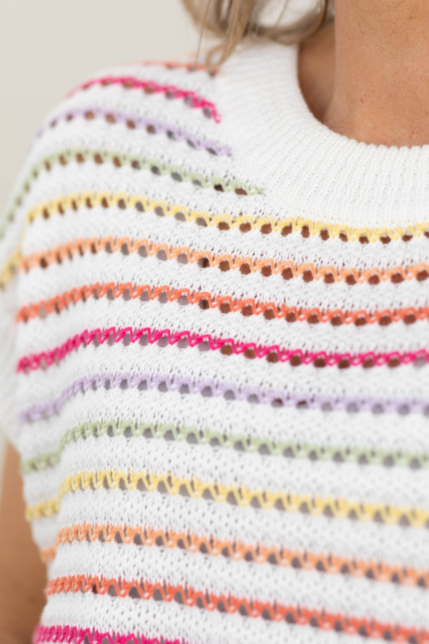 Multicolored Crochet Striped Short Sleeve Sweater