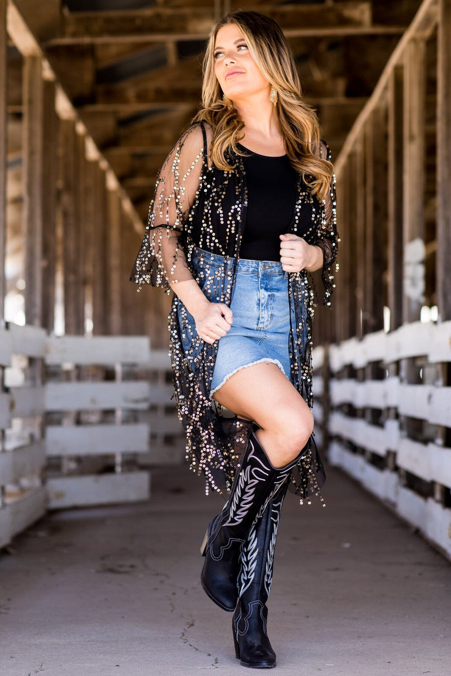 Black and Gold Sequin Detail Kimono - Filly Flair