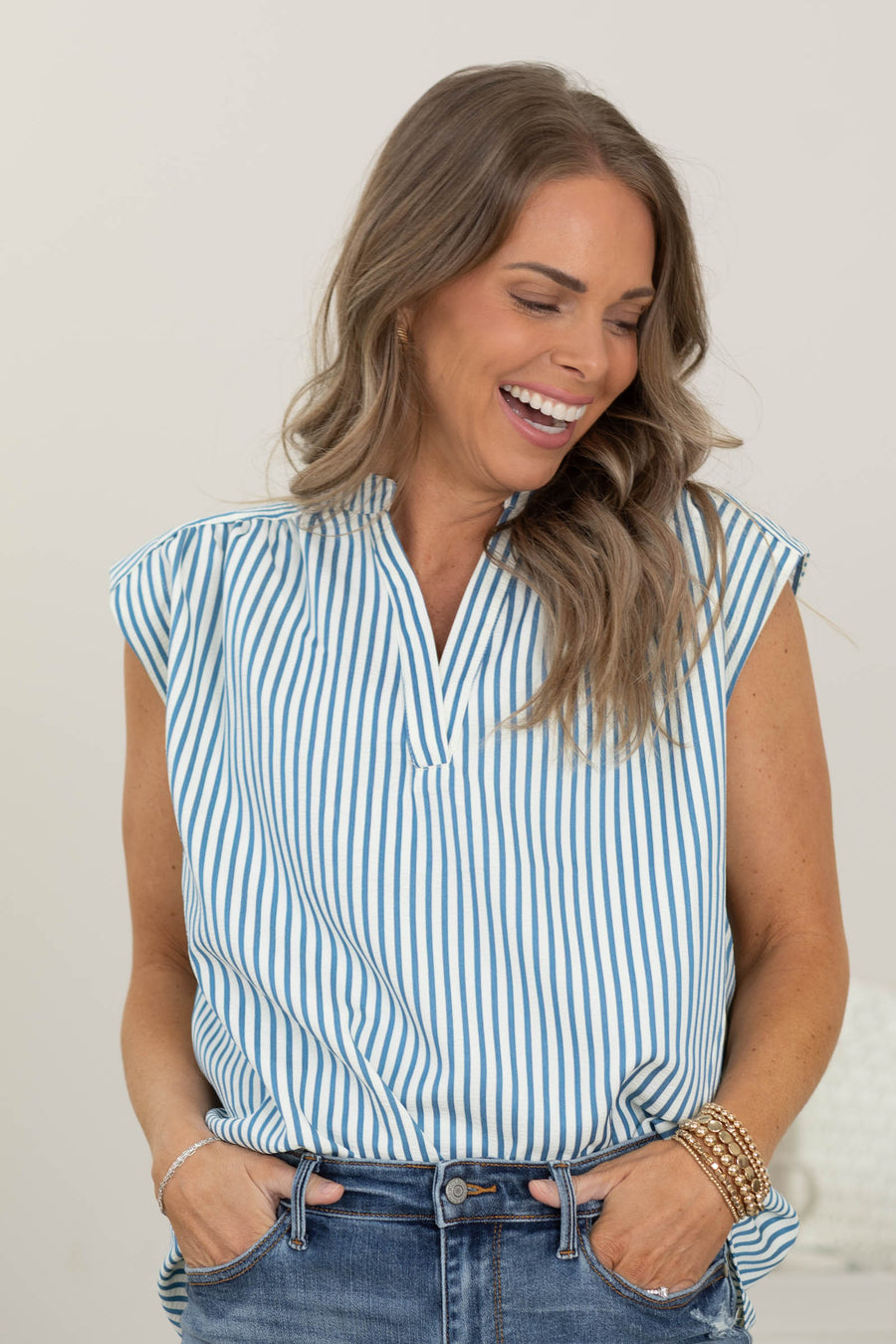Notch Neck Short Sleeve Stripe Top