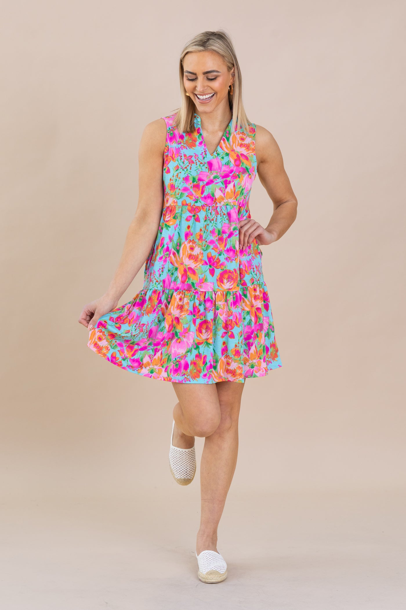Aqua Floral Tiered Wrinkle Free Dress Aqua Floral Tiered Wrinkle Free Dress