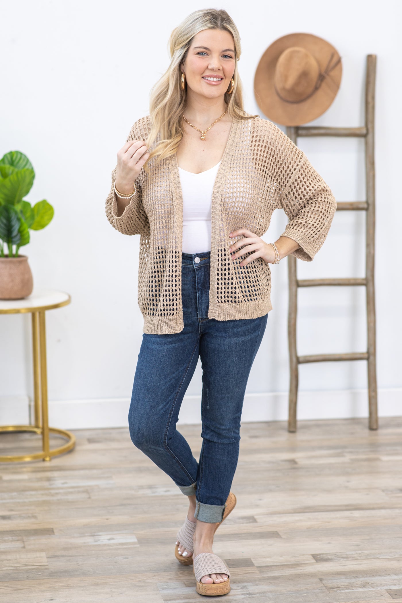 Taupe Crochet Open Cardigan With Lurex