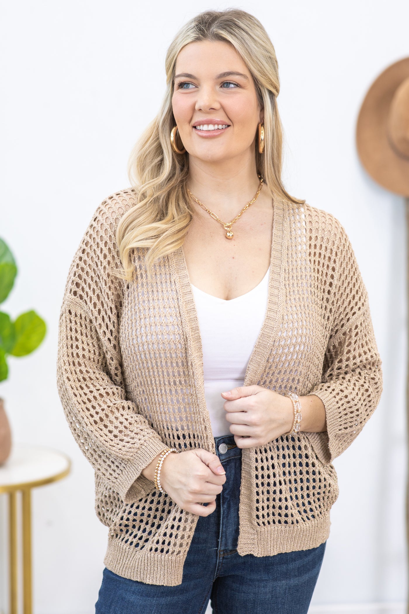 Taupe Crochet Open Cardigan With Lurex