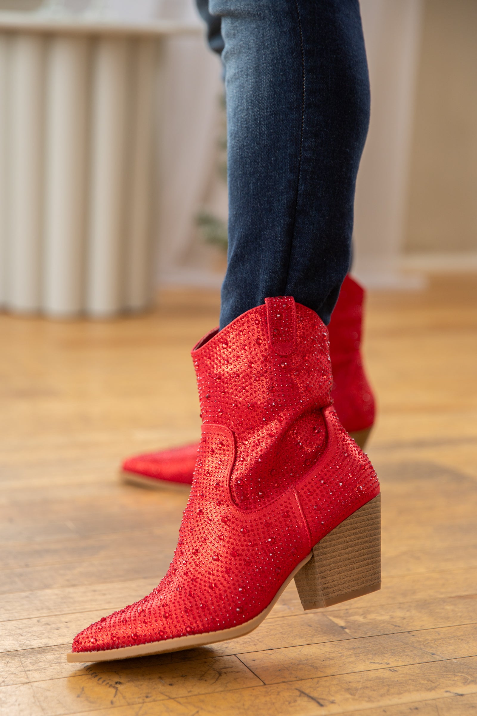 Red Point Toe Booties With Rhinestones