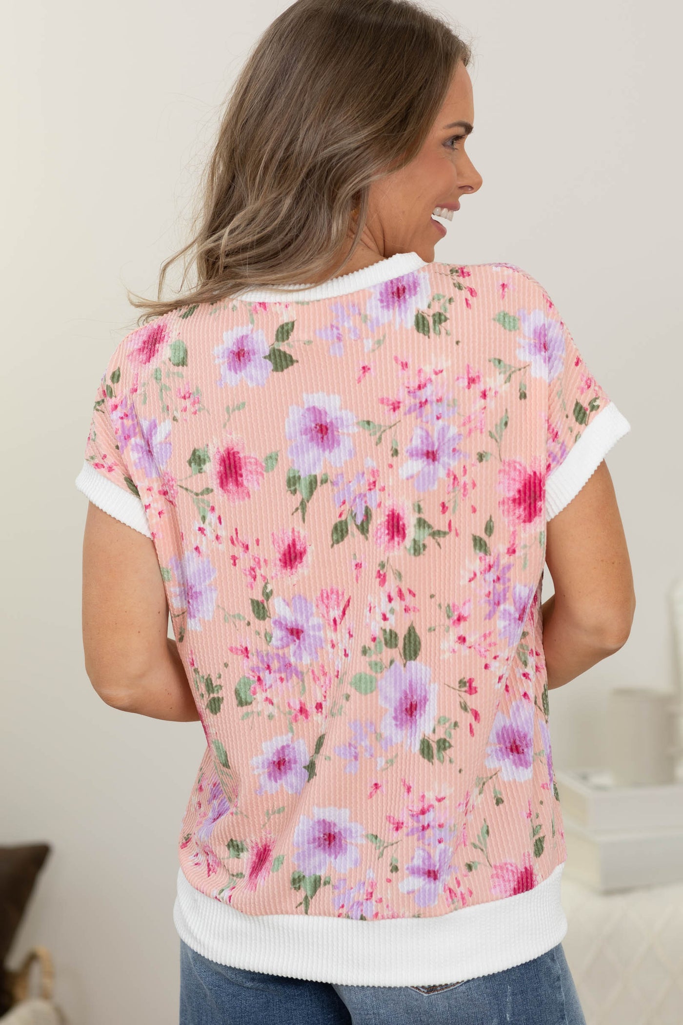 Peach Floral Print Rib Knit Top