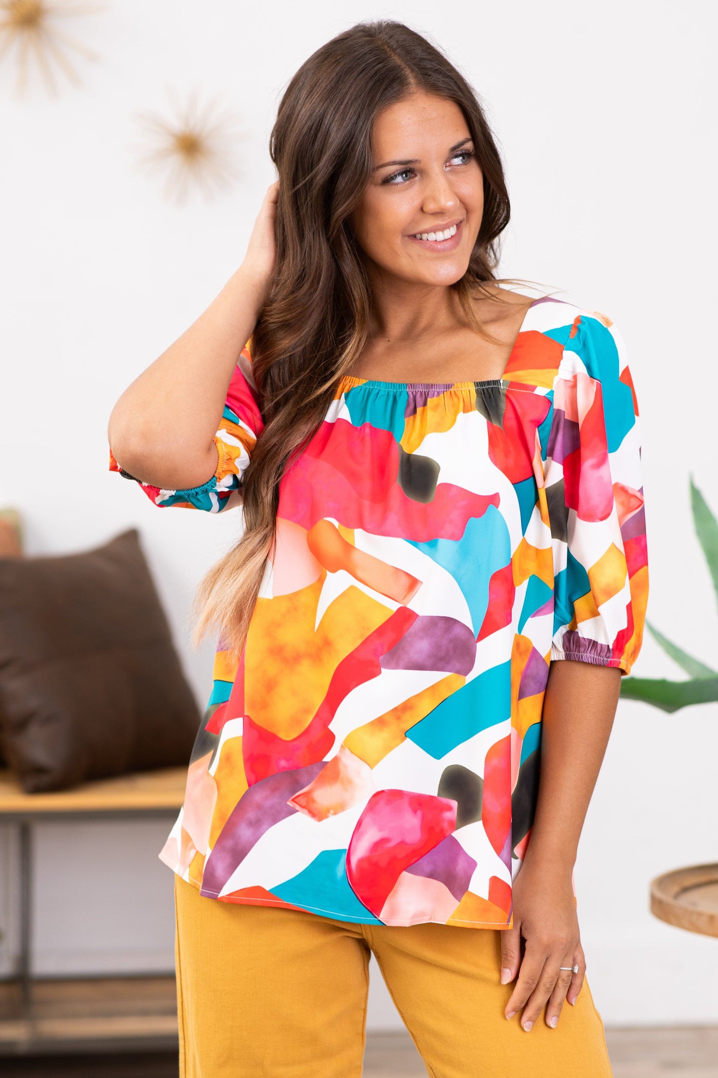 Fuchsia and Teal Geometric Square Neck Top - Filly Flair