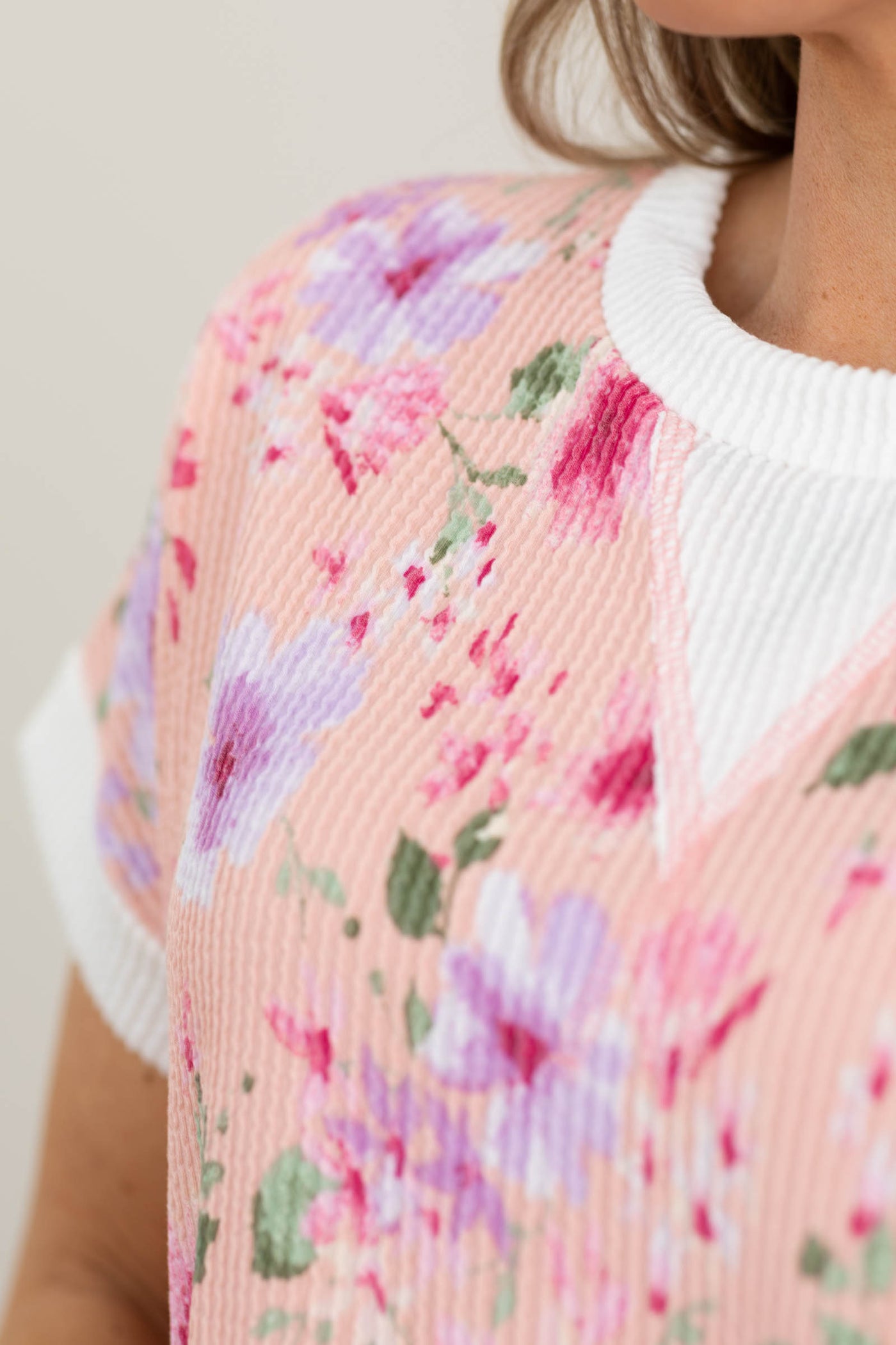 Peach Floral Print Rib Knit Top