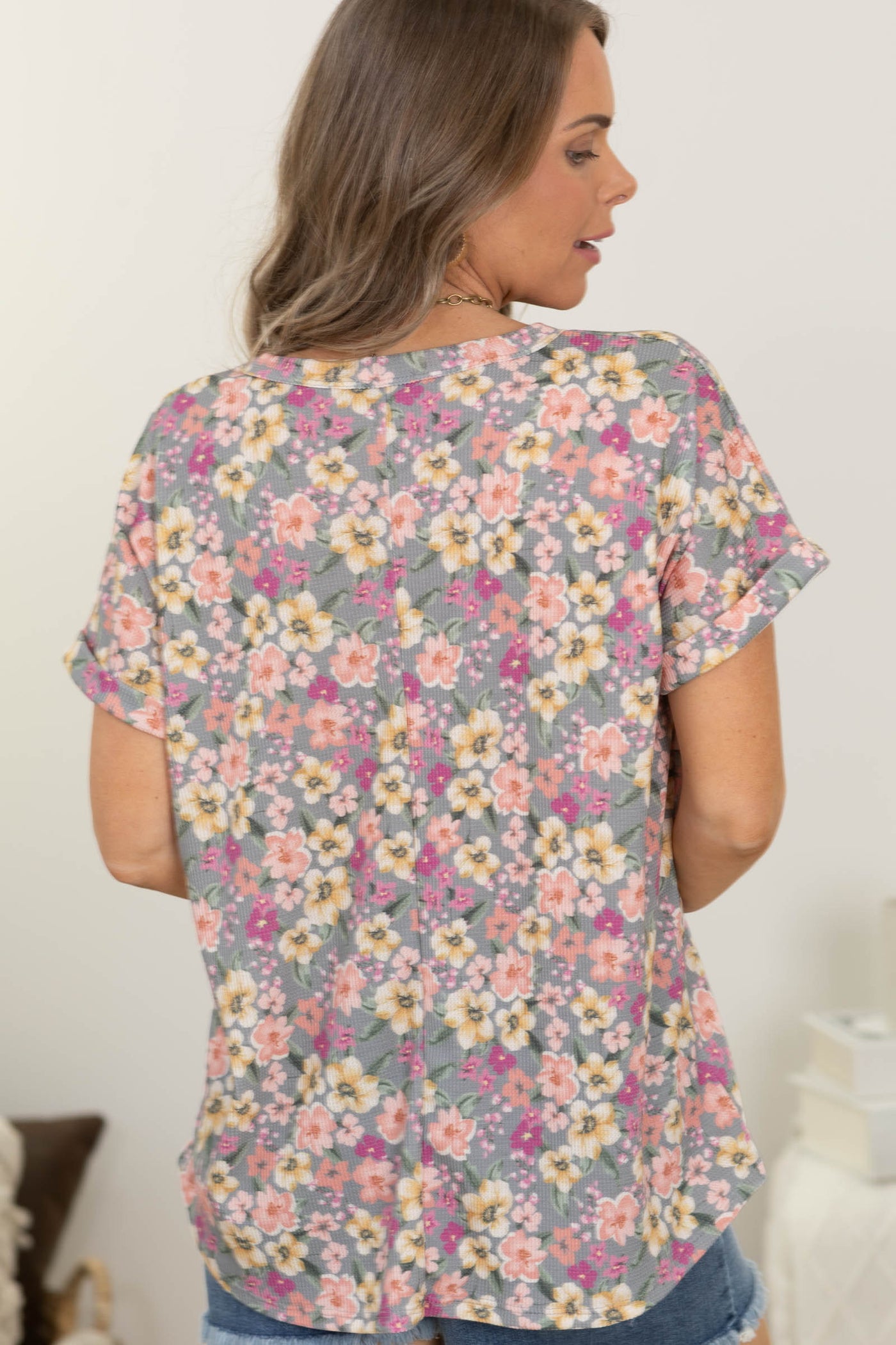 Grey Floral Short Sleeve Knit Top