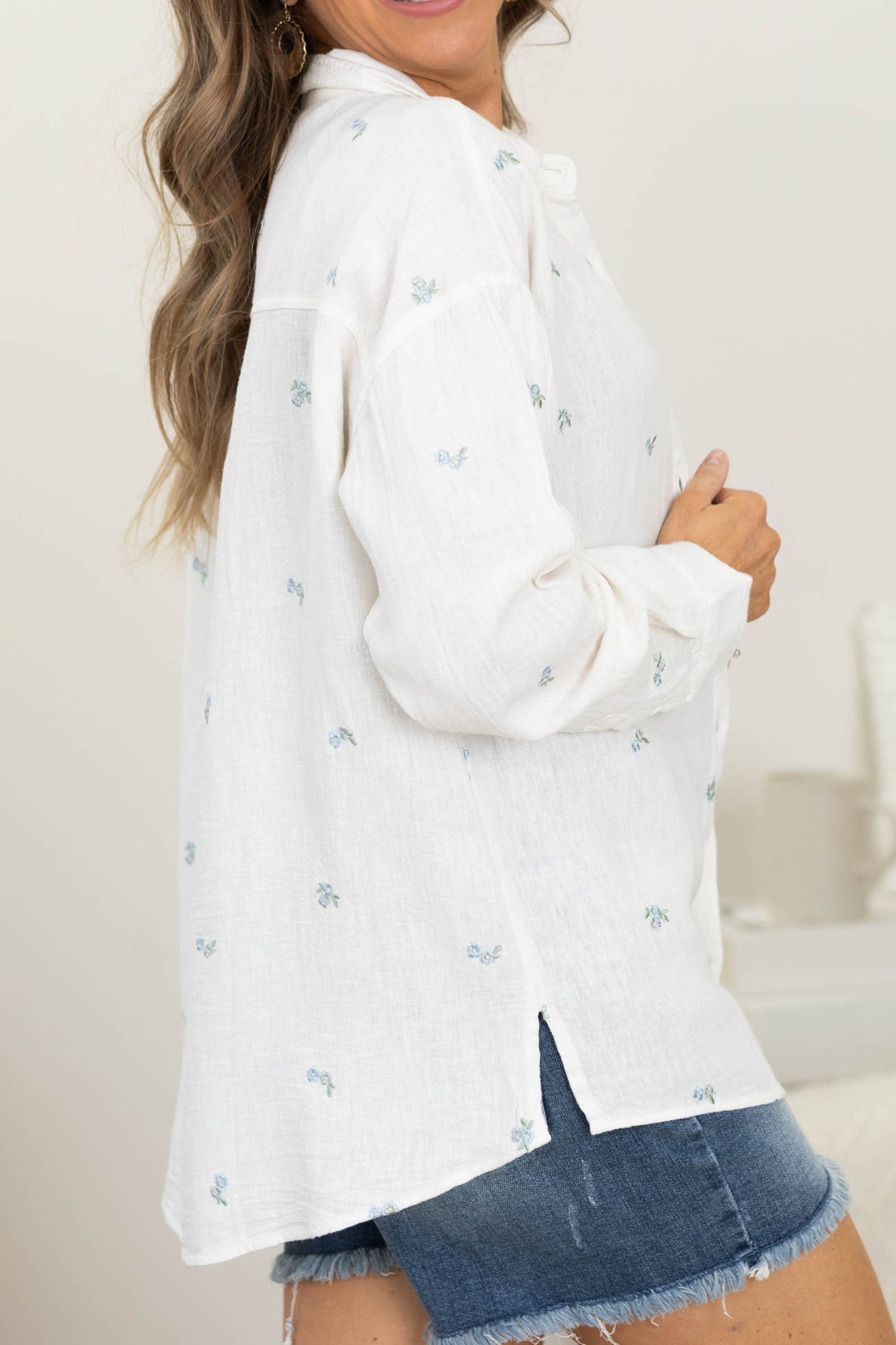 Ivory With Blue Floral Button Up Top
