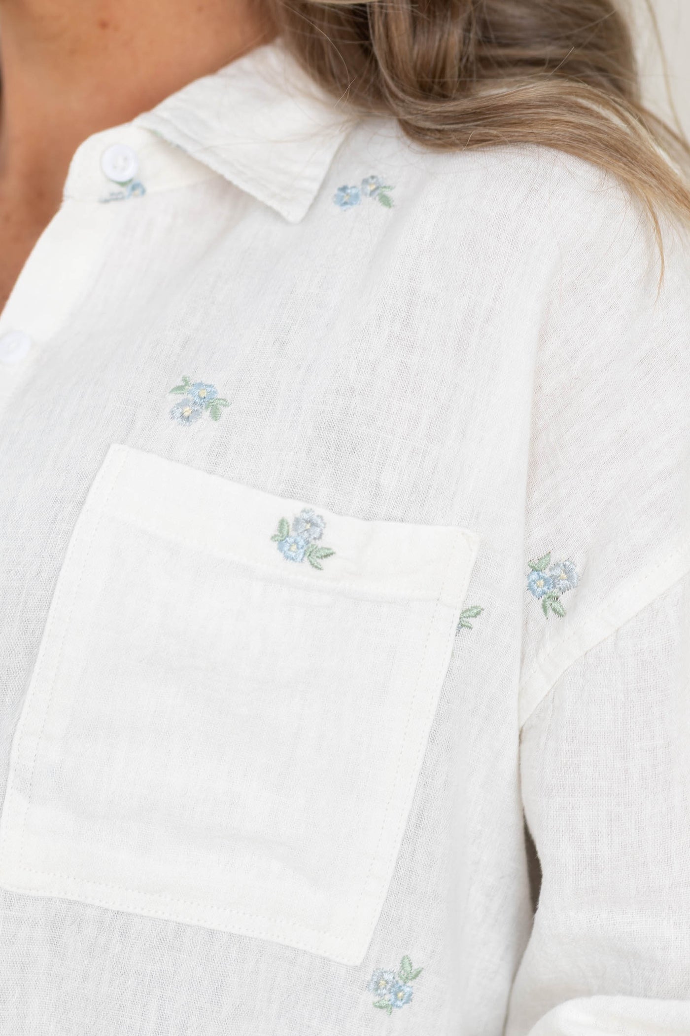 Ivory With Blue Floral Button Up Top