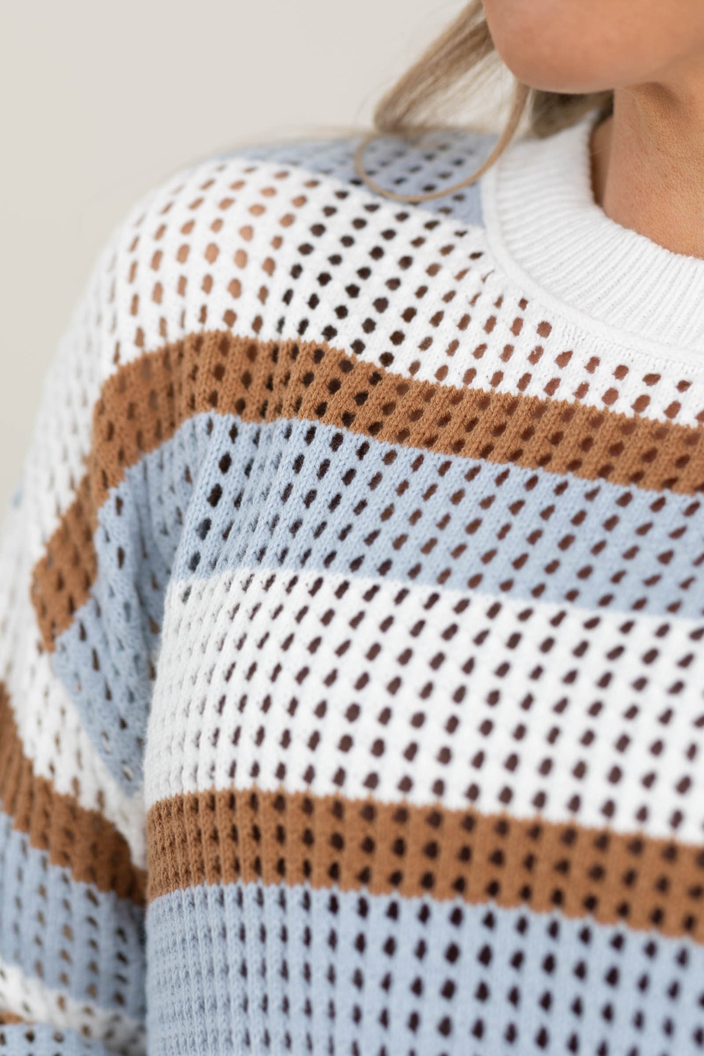 White And Multicolor Stripe Pointelle Sweater Top