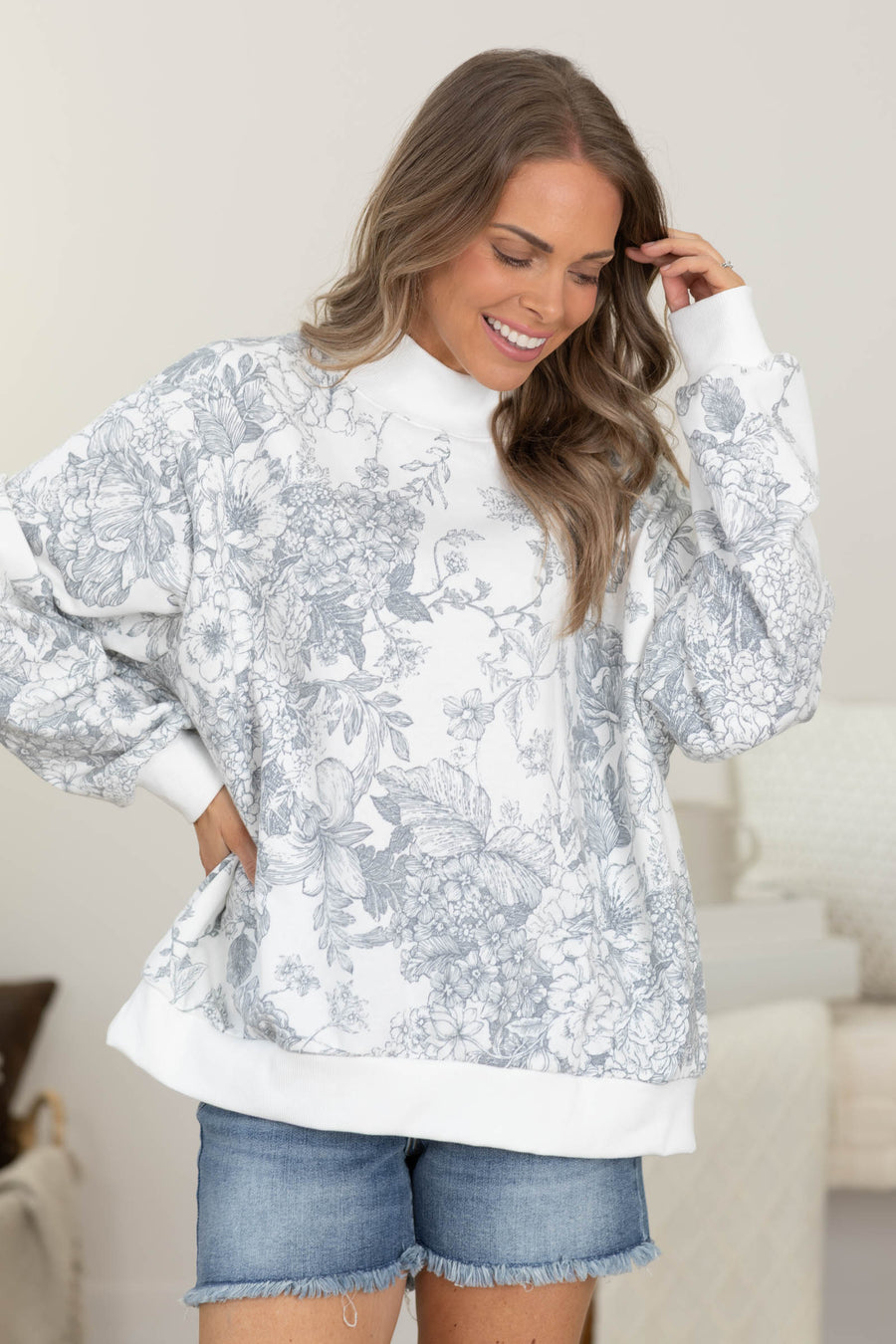 White And Grey Floral Mock Neck Sweatshirt
