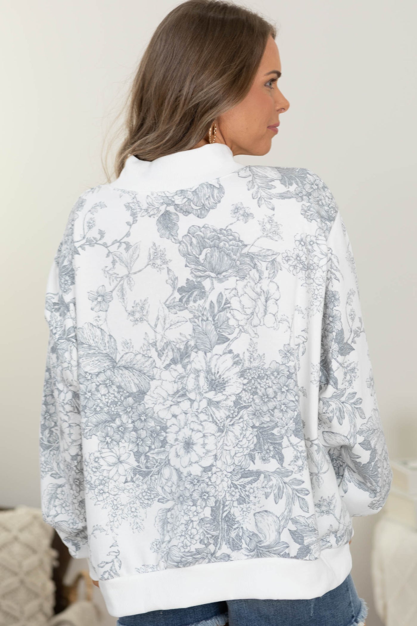 White And Grey Floral Mock Neck Sweatshirt