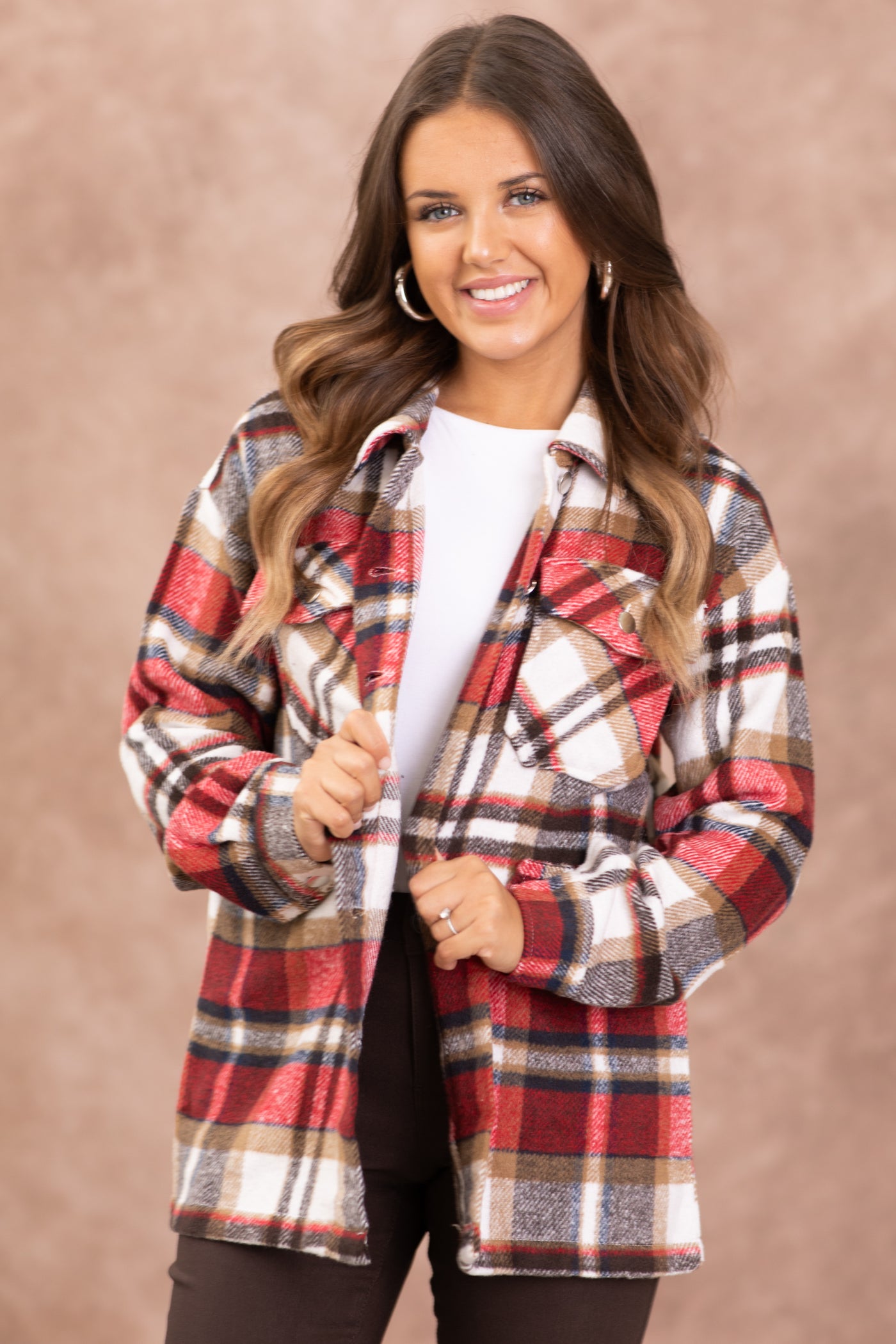 Cranberry and Off White Plaid Shacket