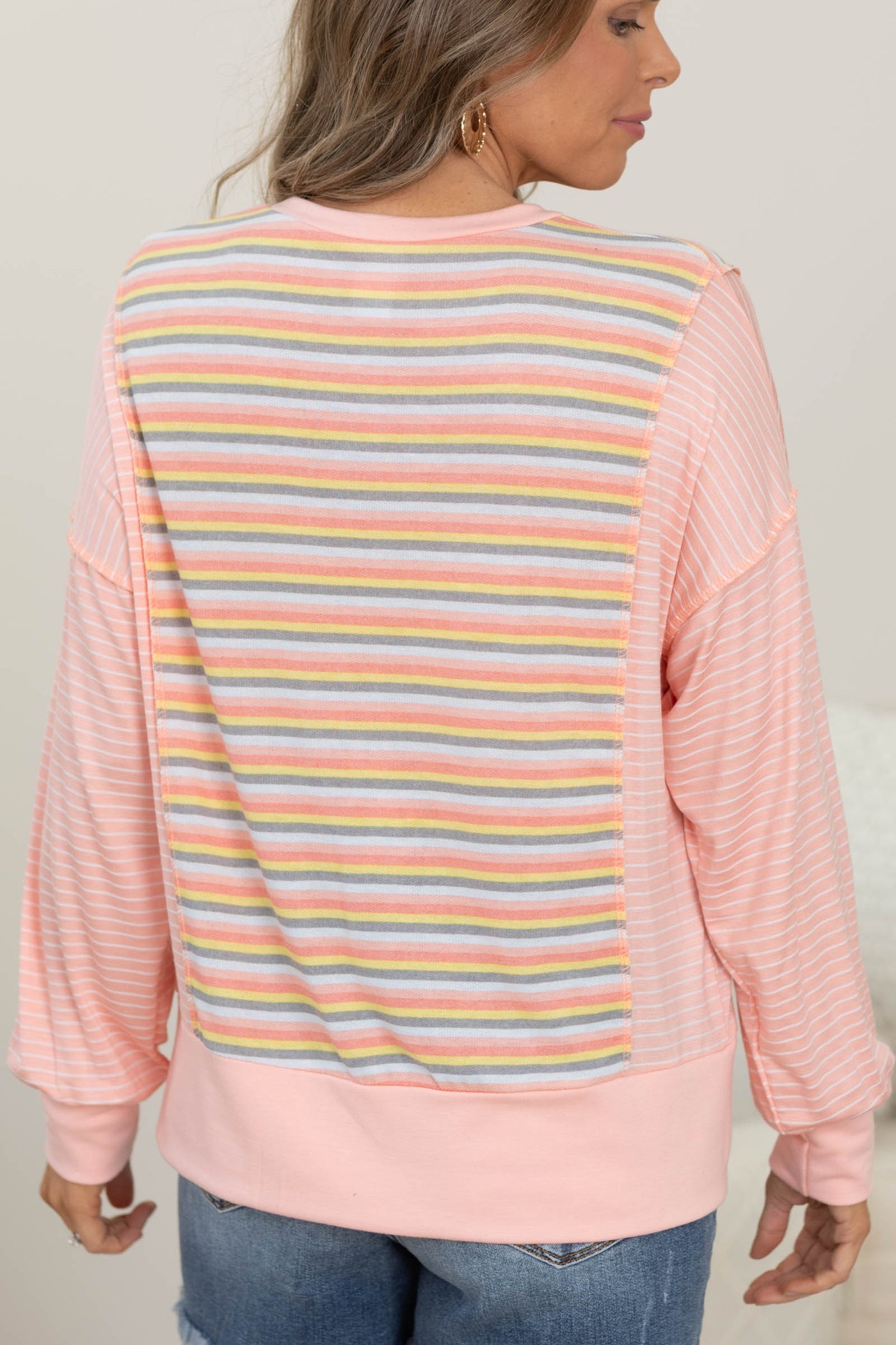 Peach Multicolor Stripe Rib Contrast Knit Top