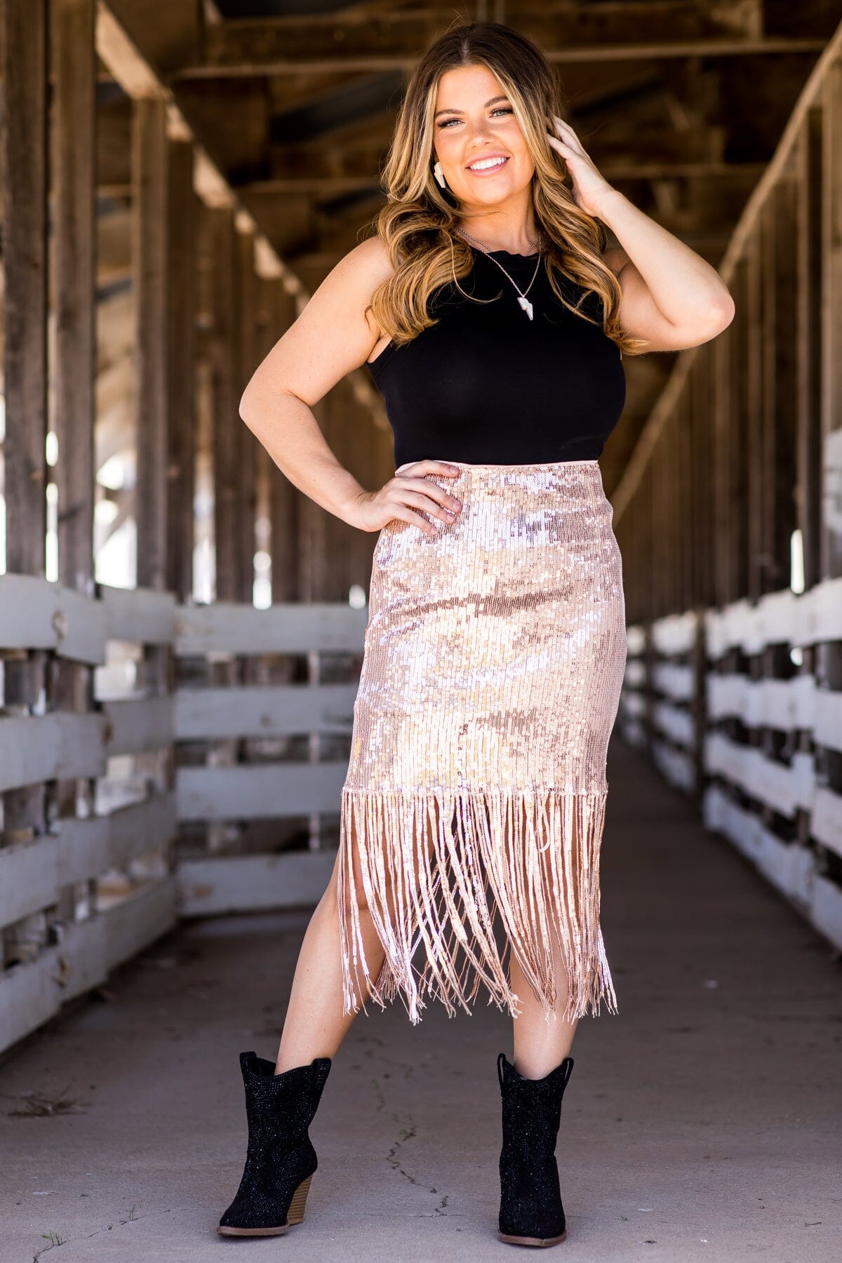 Rose Gold Sequin Midi Skirt With Fringe - Filly Flair