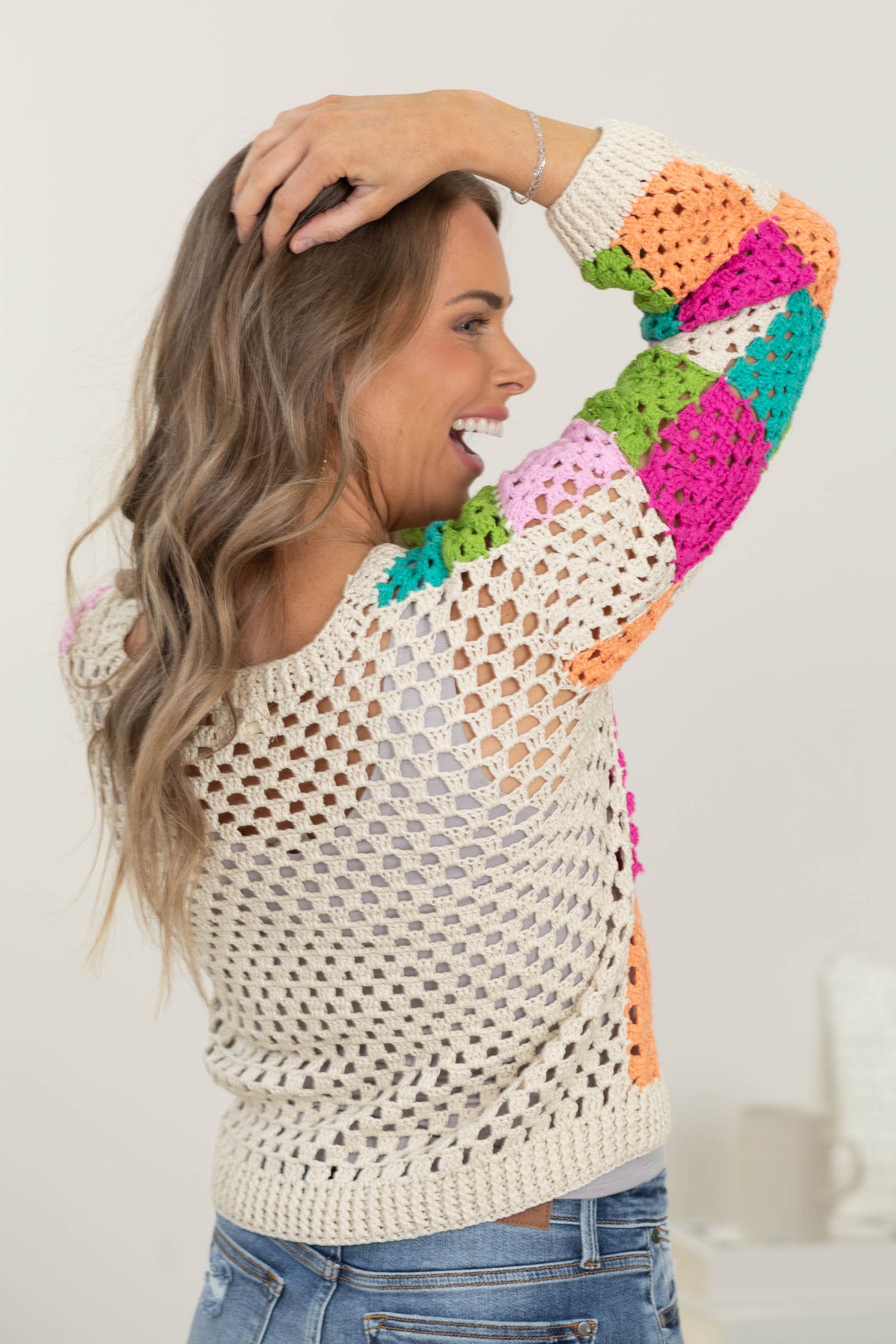 Oatmeal Multicolor Checker Crochet Sweater