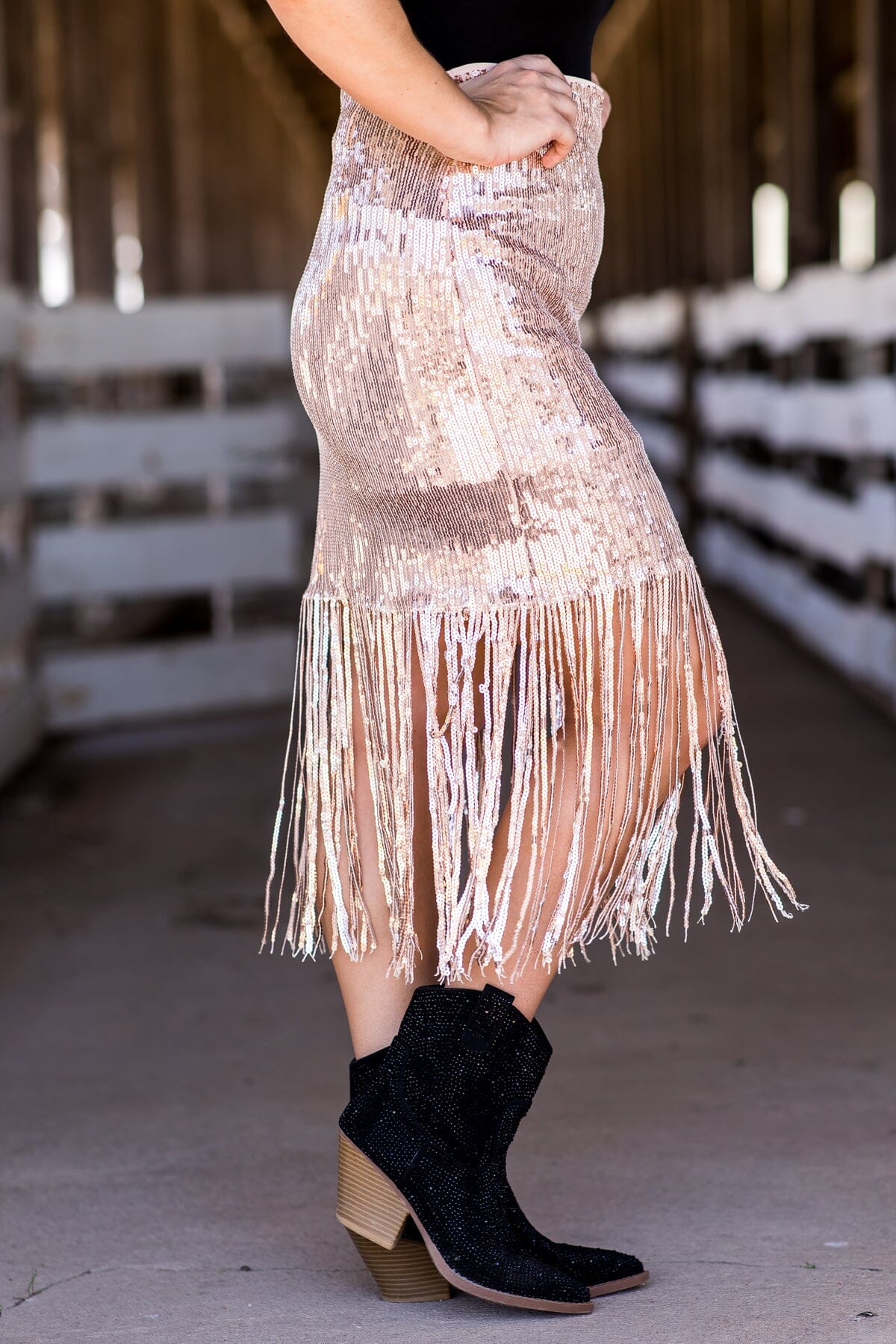Rose Gold Sequin Midi Skirt With Fringe - Filly Flair