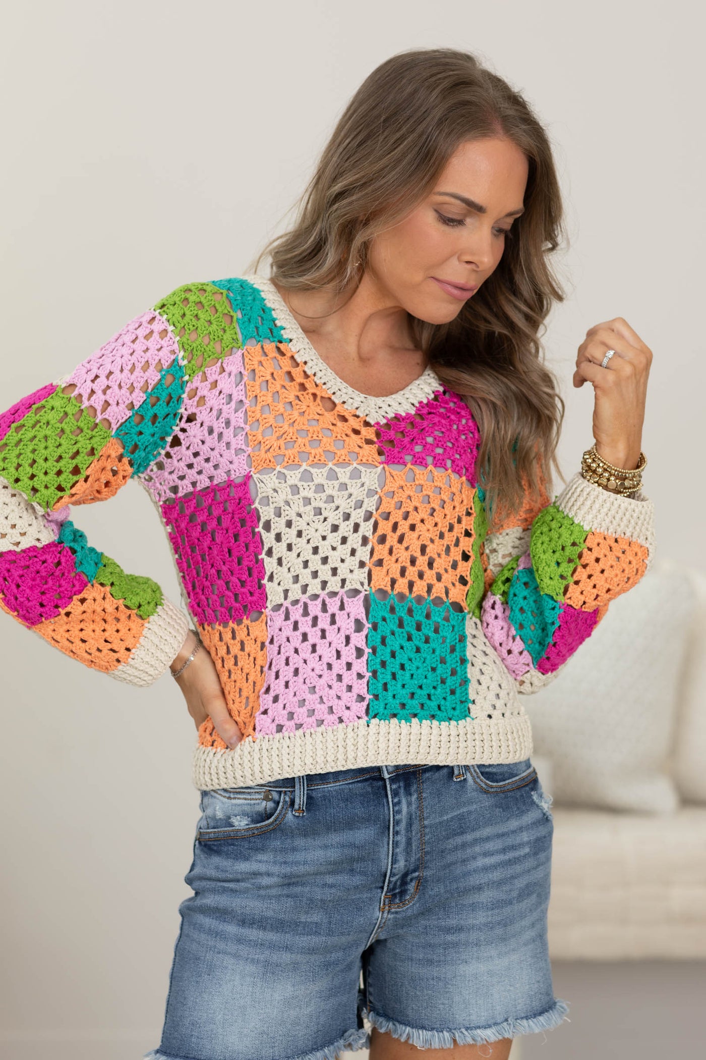 Oatmeal Multicolor Checker Crochet Sweater
