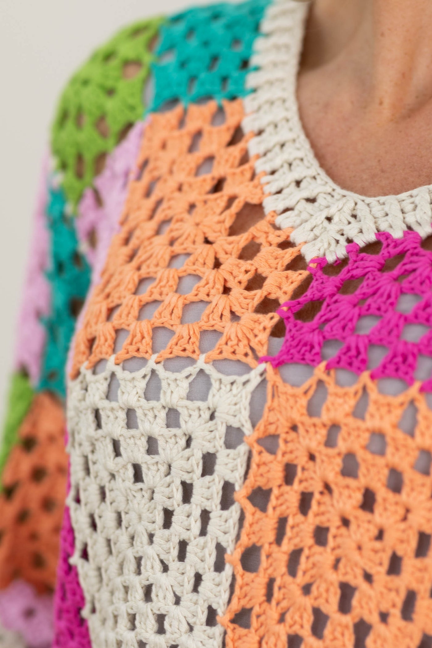 Oatmeal Multicolor Checker Crochet Sweater