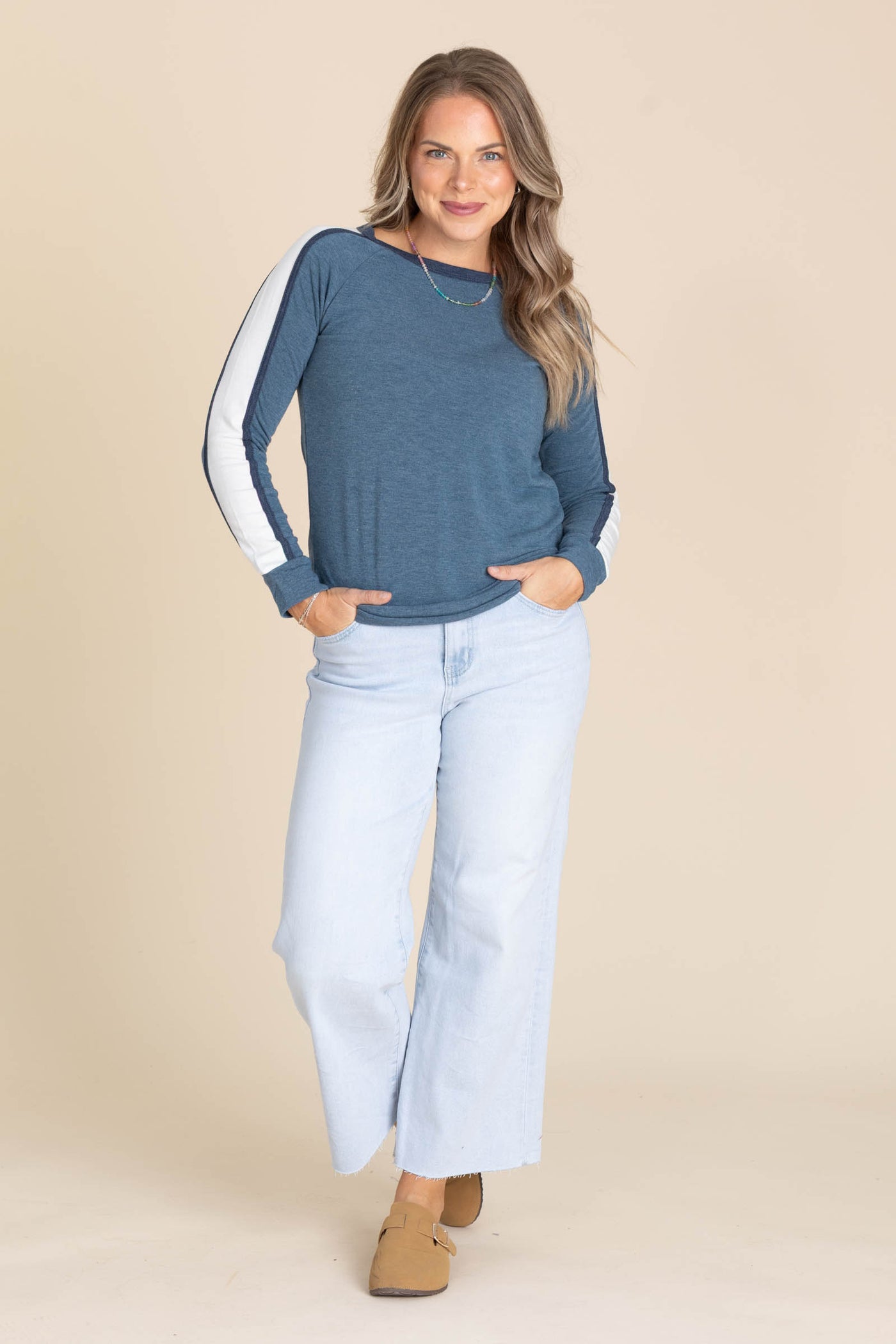 Teal Long Sleeve Detail Colorblock Knit Top