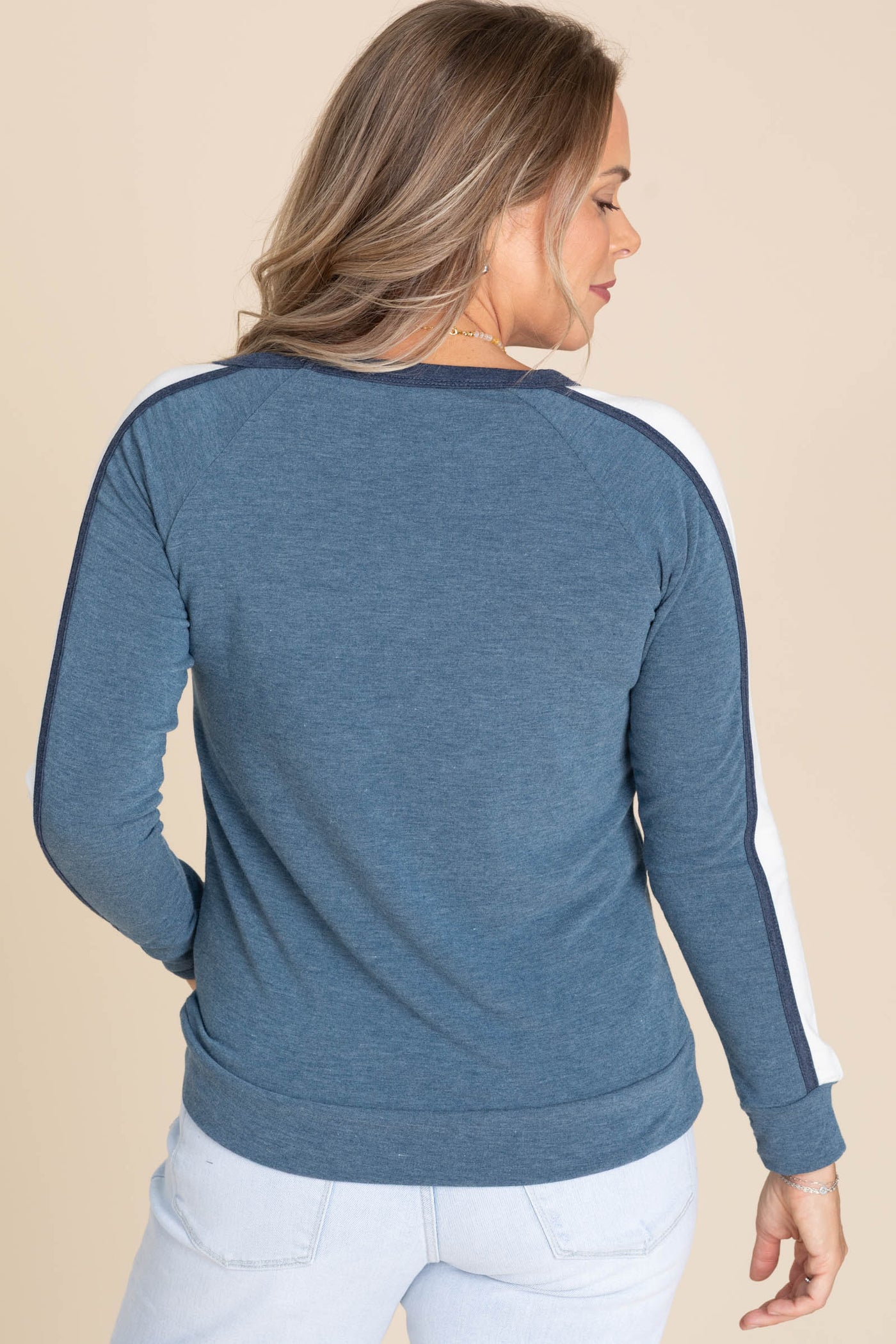 Teal Long Sleeve Detail Colorblock Knit Top