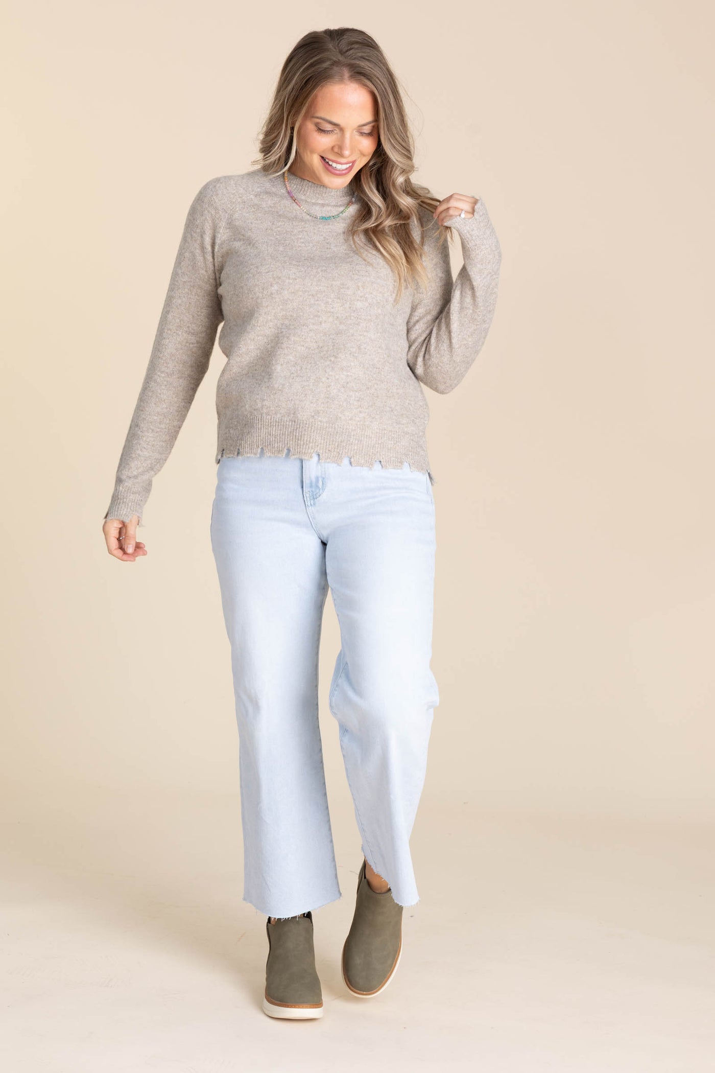 Heathered Beige Distressed Hem Sweater