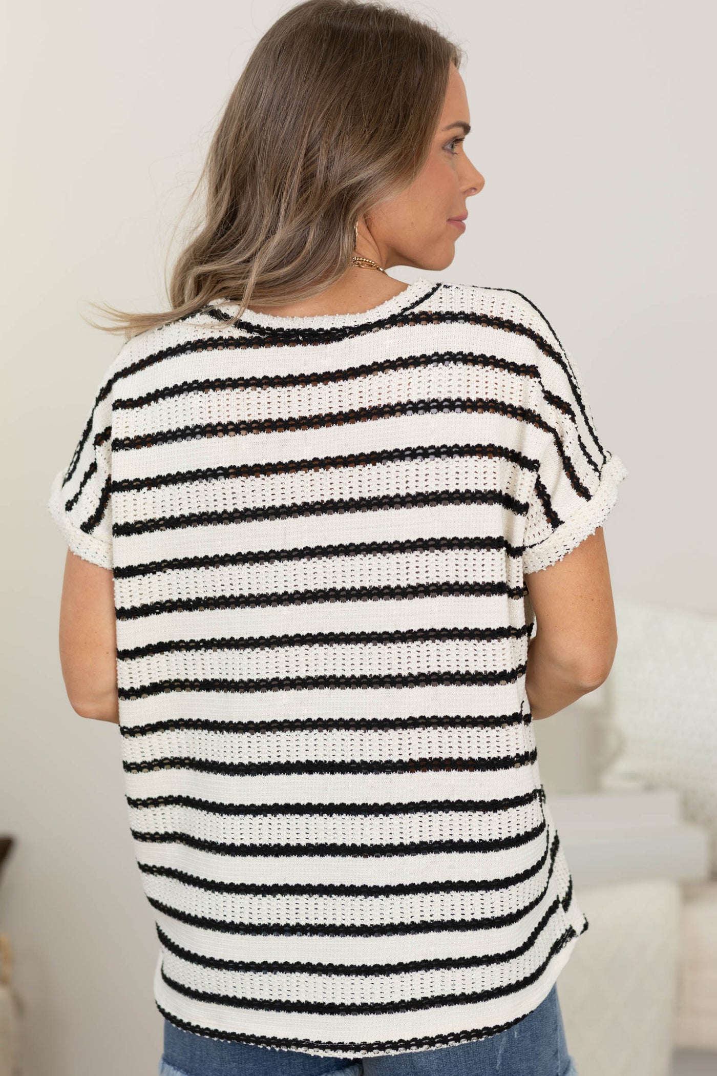 Ivory And Black Stripe Pointelle Knit Top