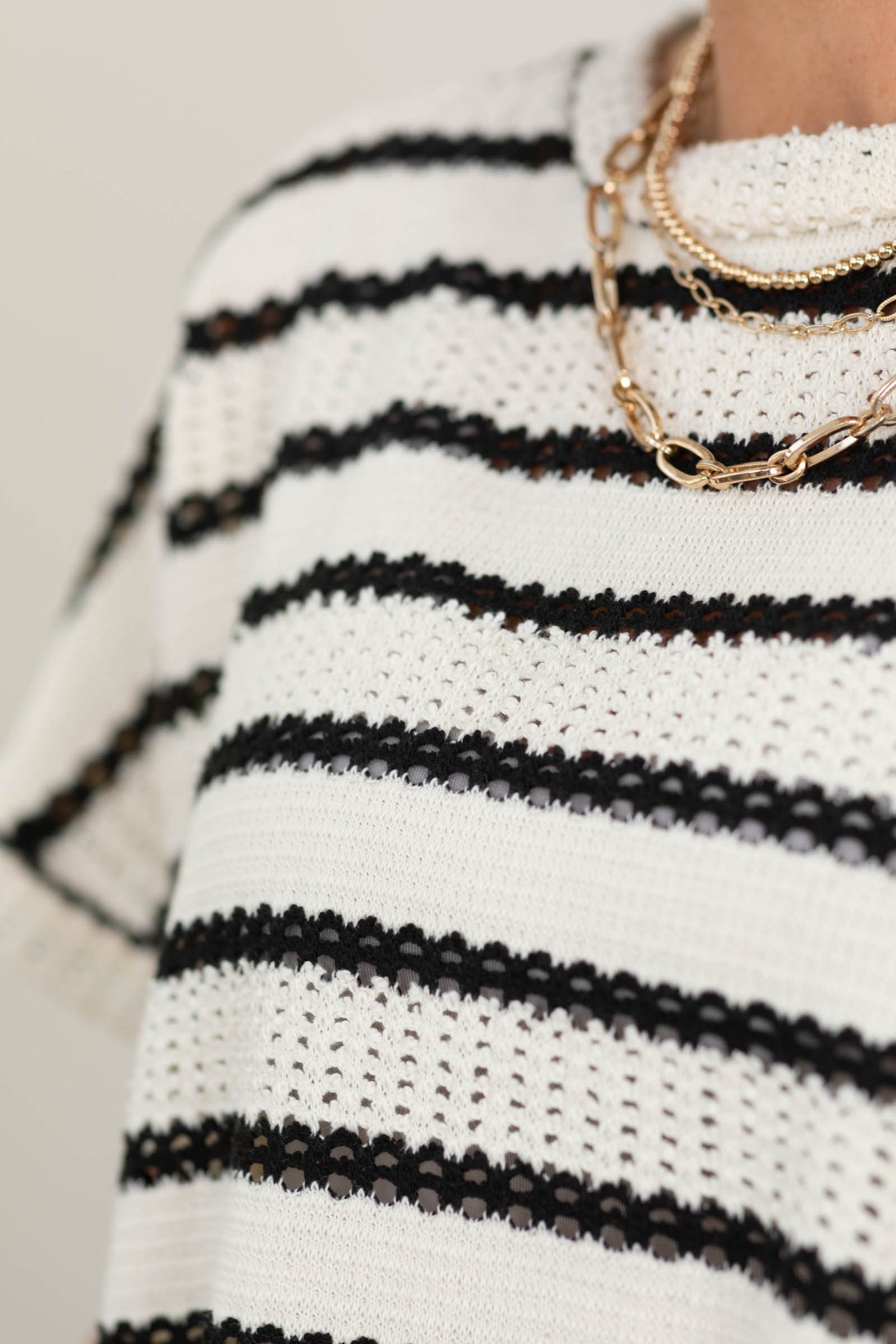 Ivory And Black Stripe Pointelle Knit Top