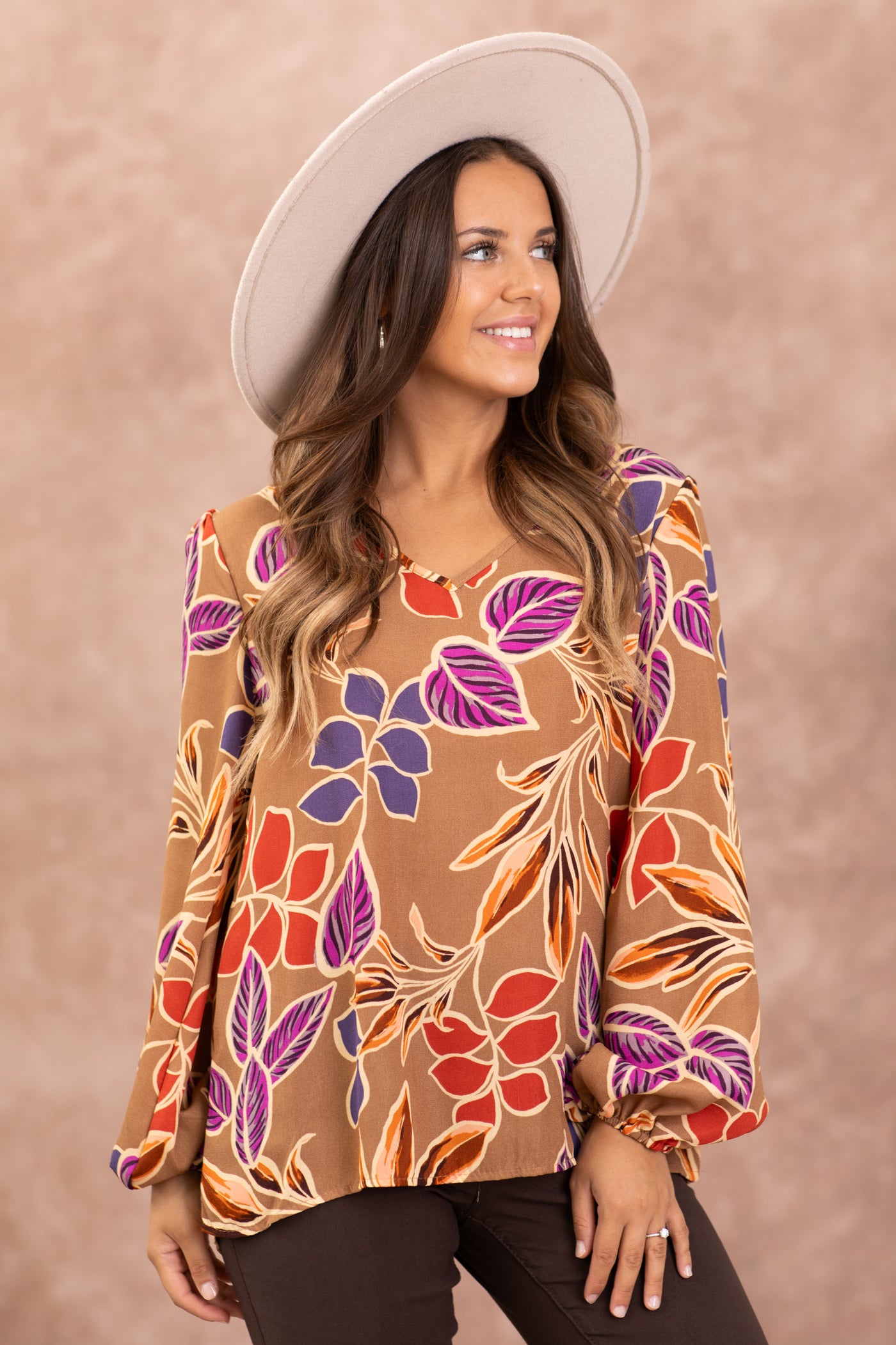 Taupe Multicolor Floral Long Sleeve V-Neck Top