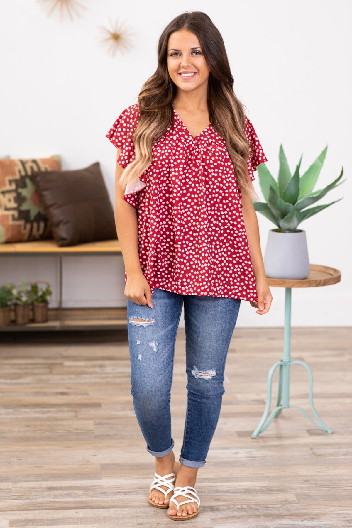 Red and White Flutter Sleeve Floral Print Top - Filly Flair