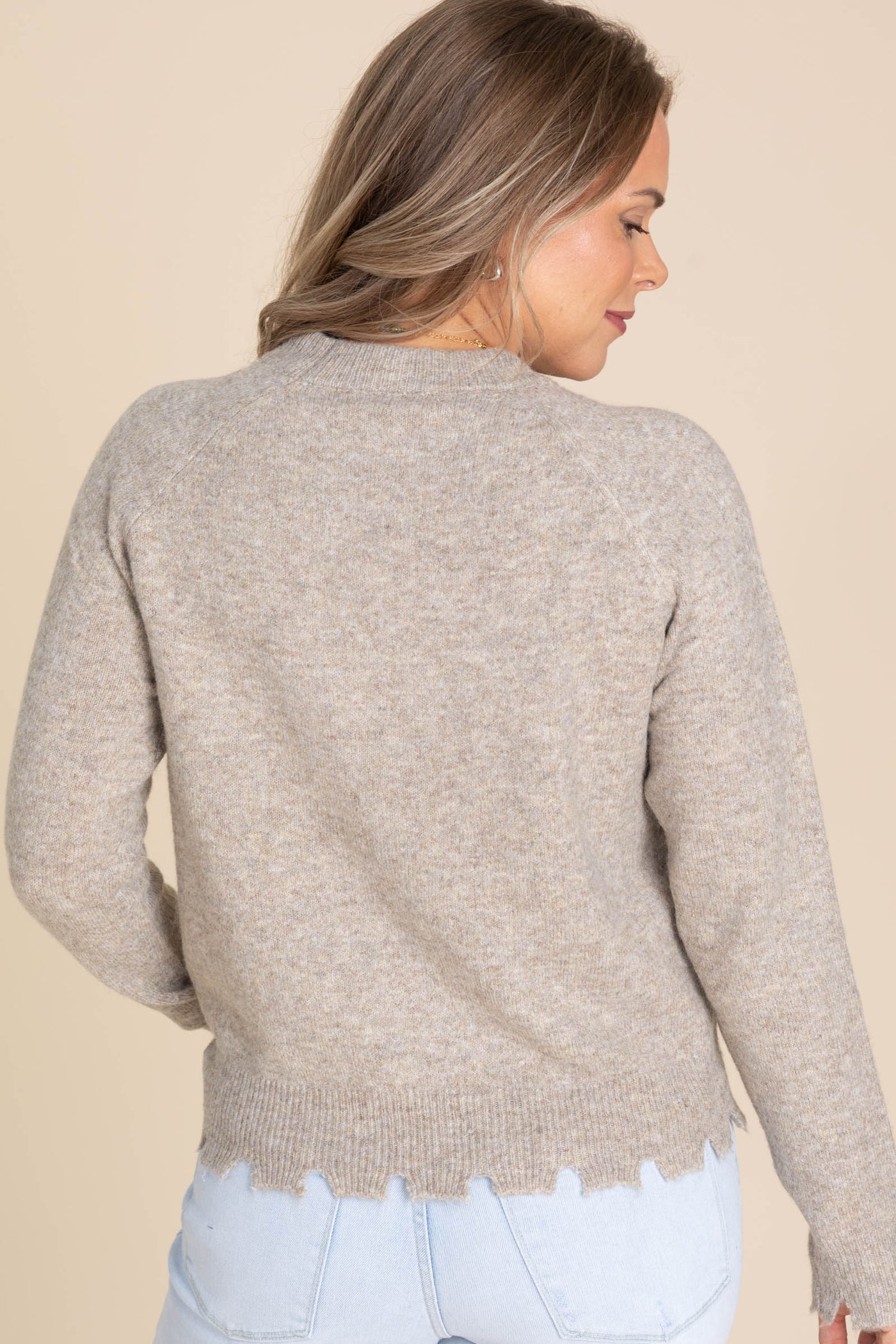 Heathered Beige Distressed Hem Sweater