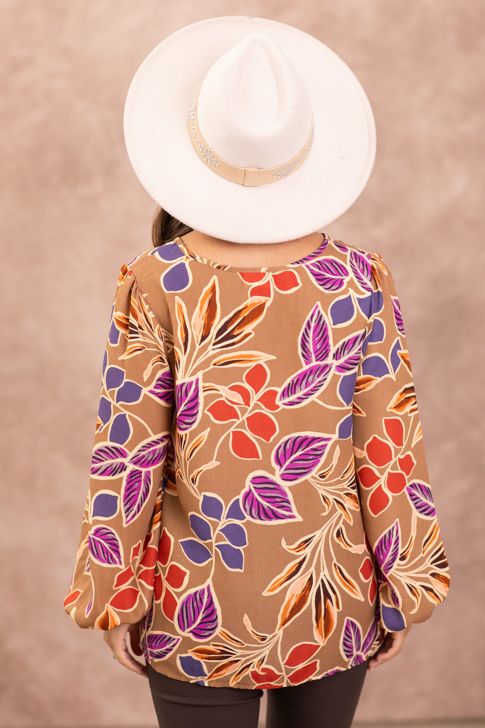 Taupe Multicolor Floral Long Sleeve V-Neck Top