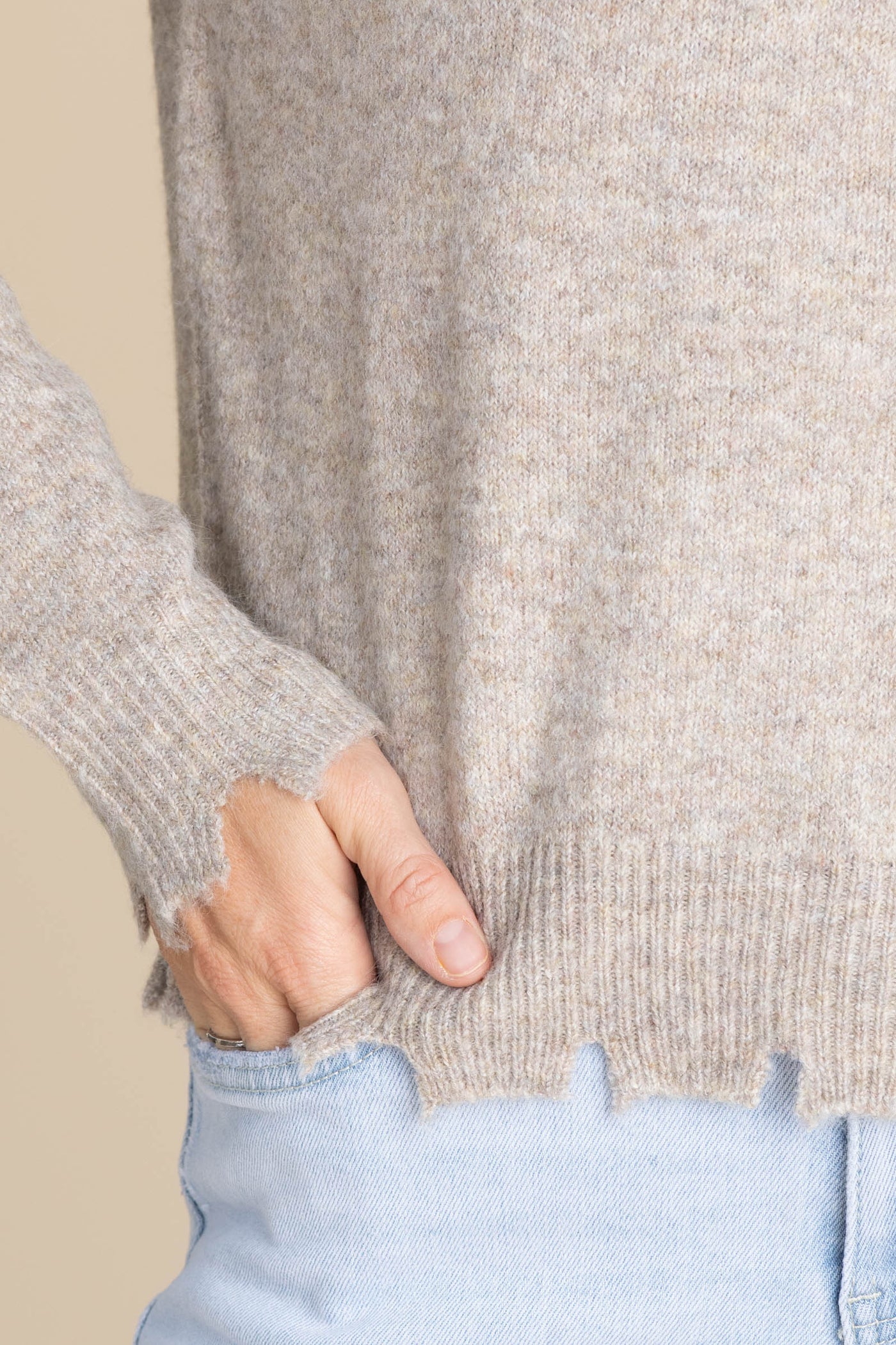 Heathered Beige Distressed Hem Sweater