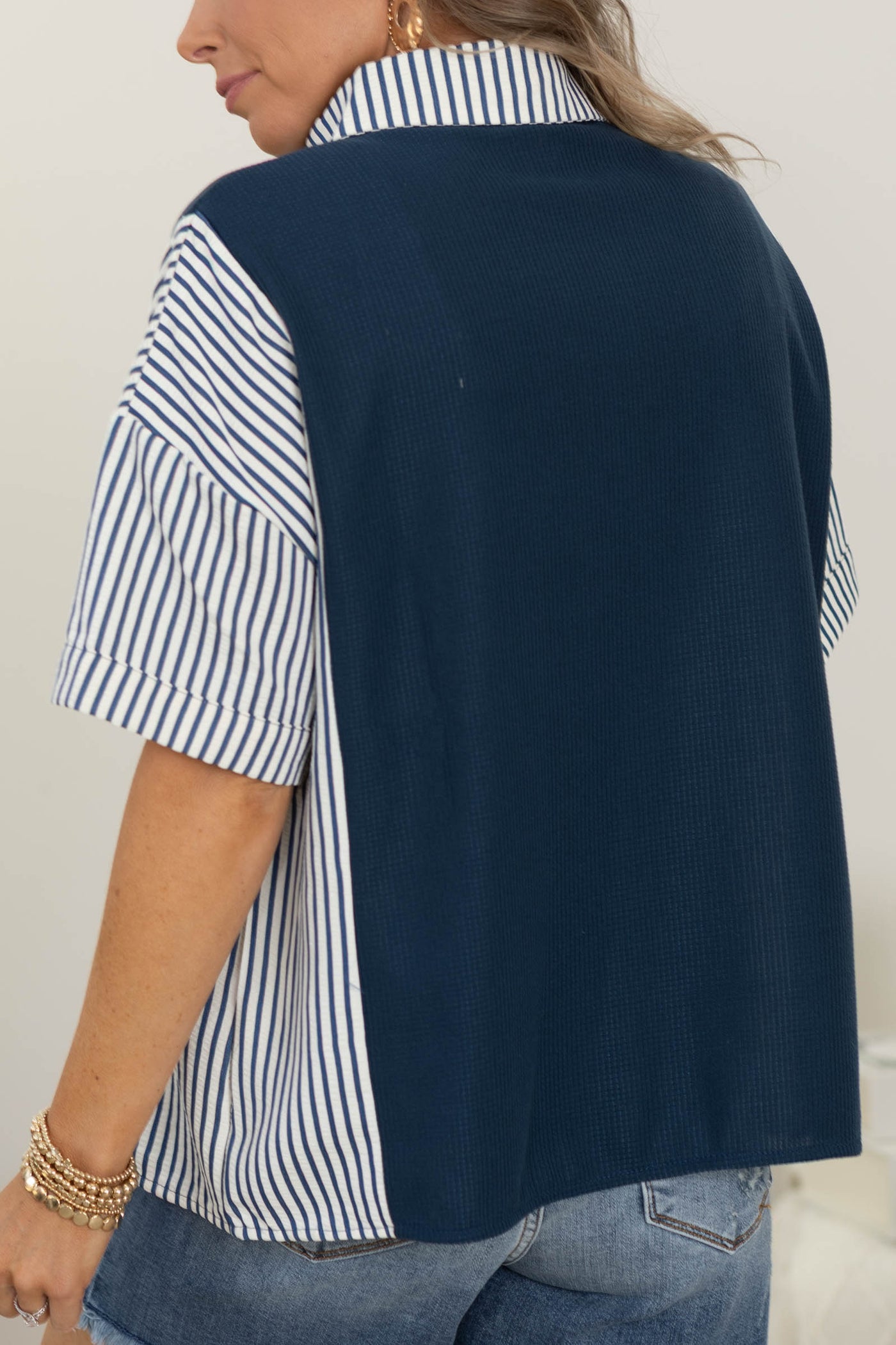 Navy Stripe Floral Embroidery Gauze Shirt