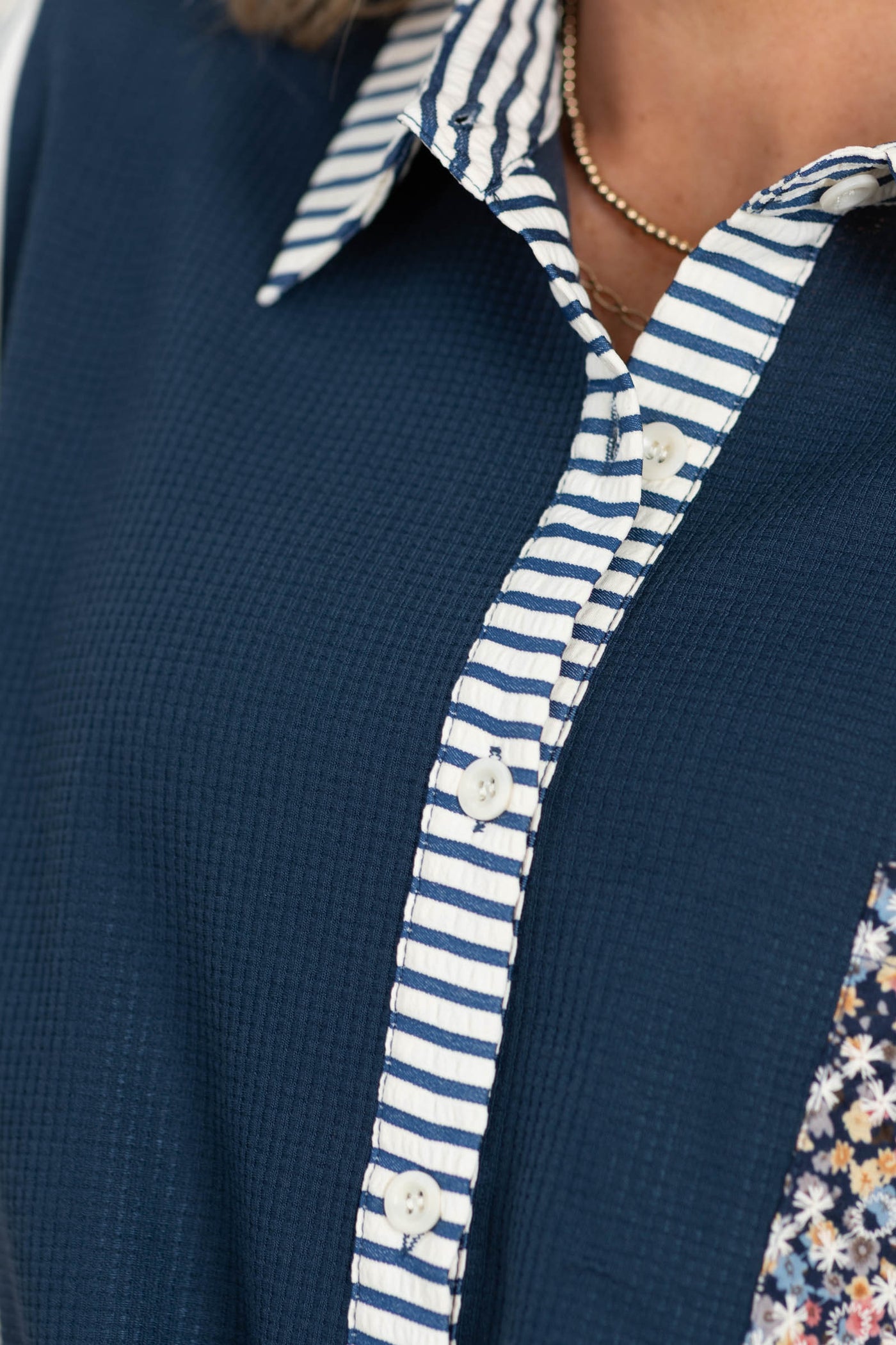 Navy Stripe Floral Embroidery Gauze Shirt