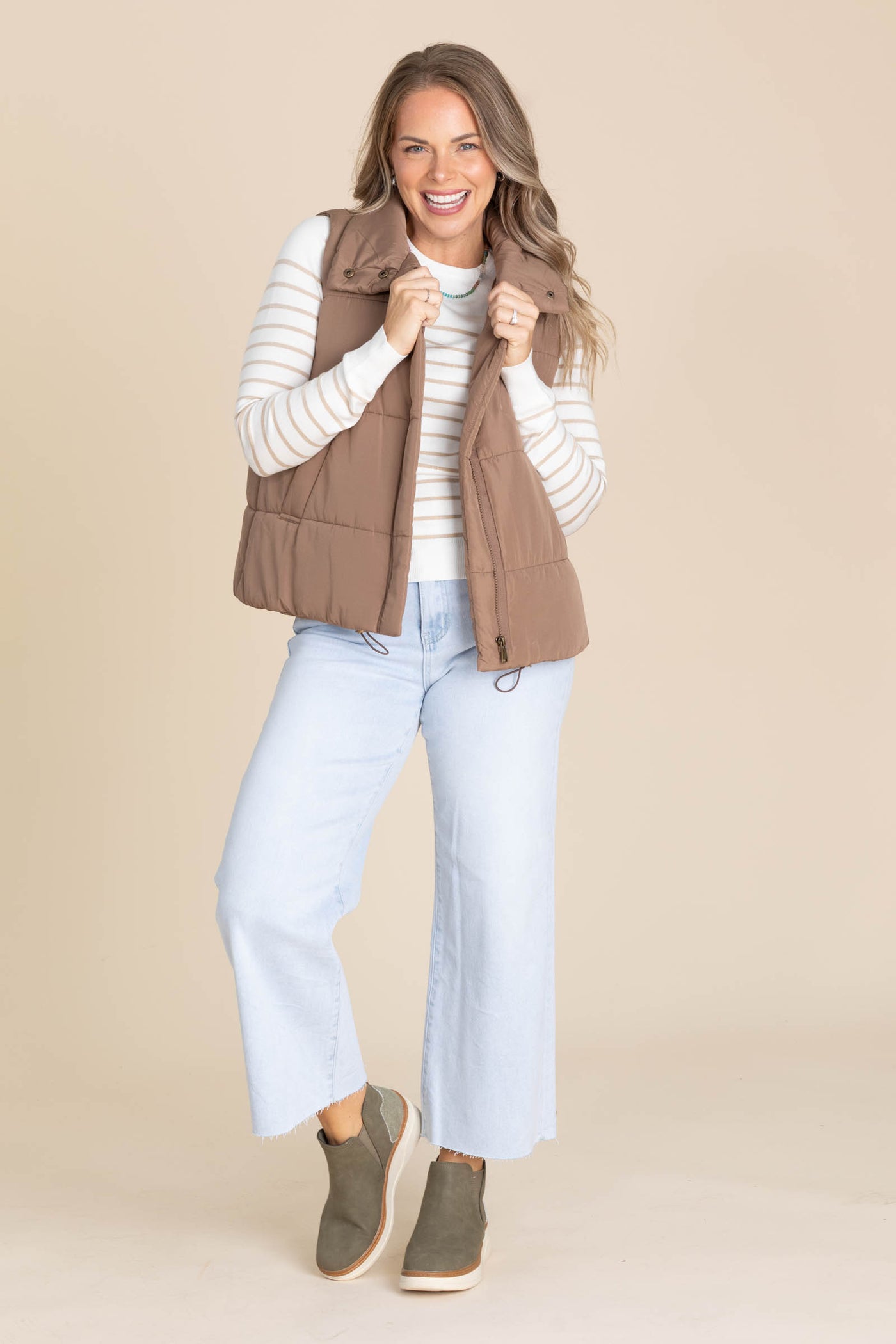 Ivory And Taupe Stripe Long Sleeve Knit Top