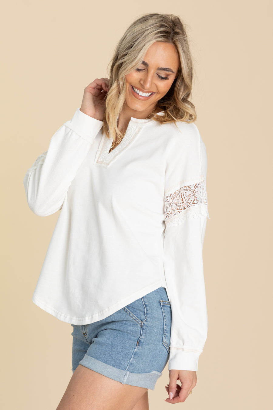 Off White Crochet Detail Long Sleeve Knit Top