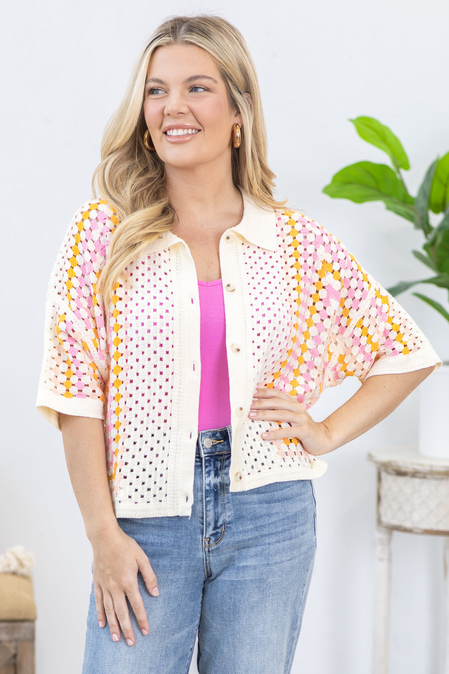 Cream Multicolor Crochet Knit Button Up Top