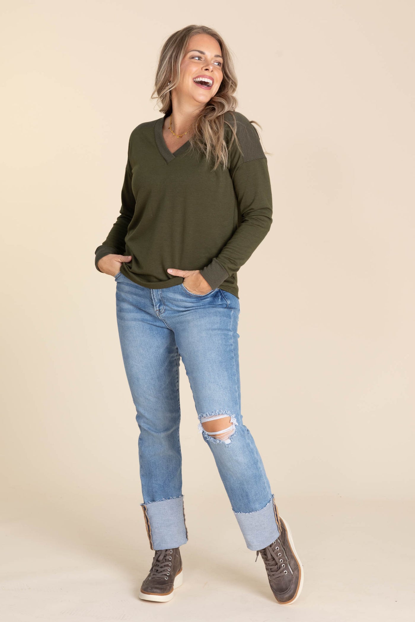 V-Neck French Terry Knit Tops